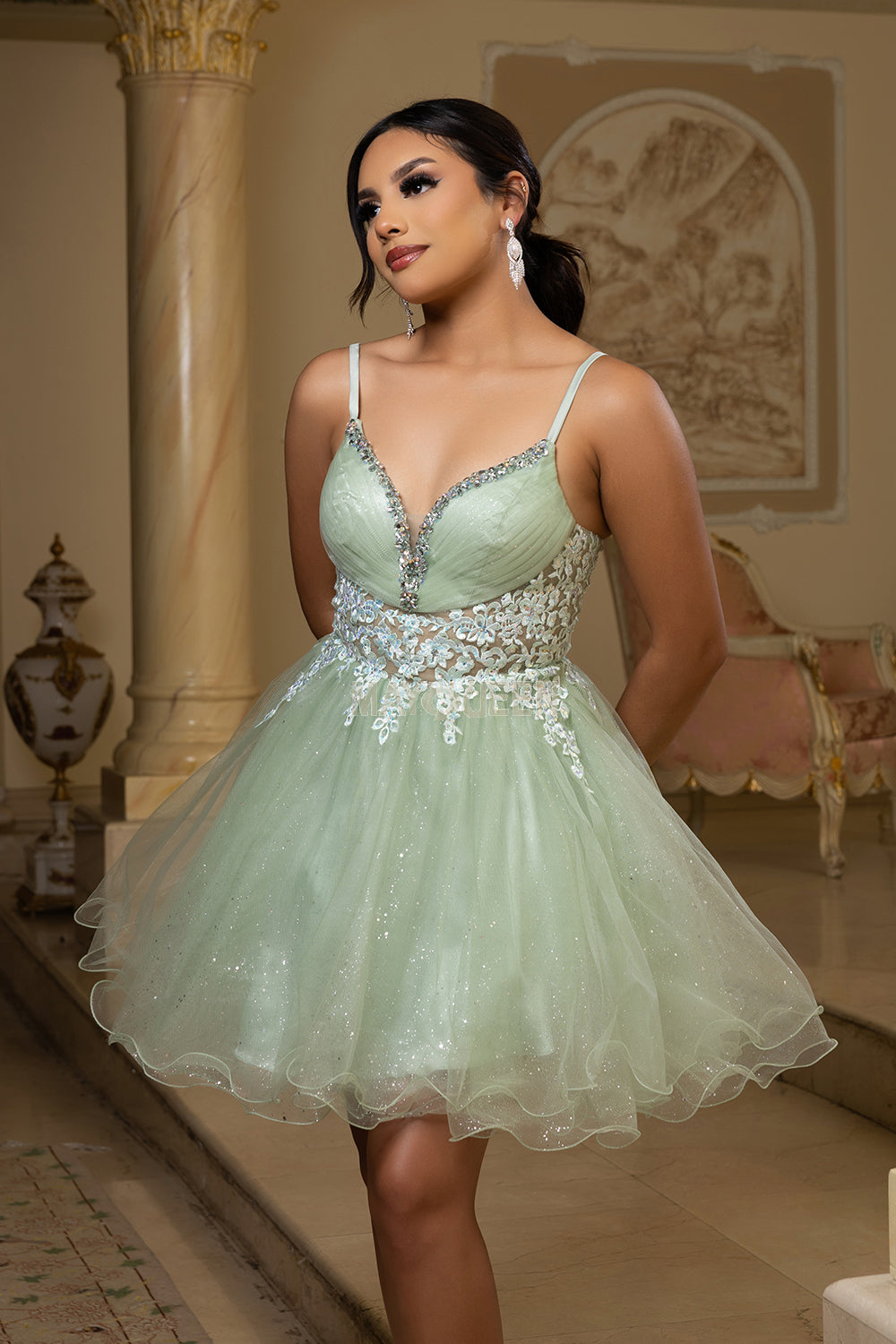 May Queen MQ2192 - Sleeveless Lace Appliqued Mini Dress Homecoming Dresses