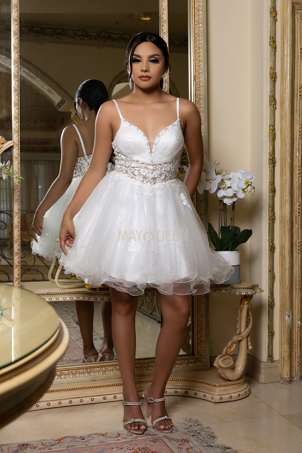 May Queen MQ2192 - Sleeveless Lace Appliqued Mini Dress Homecoming Dresses