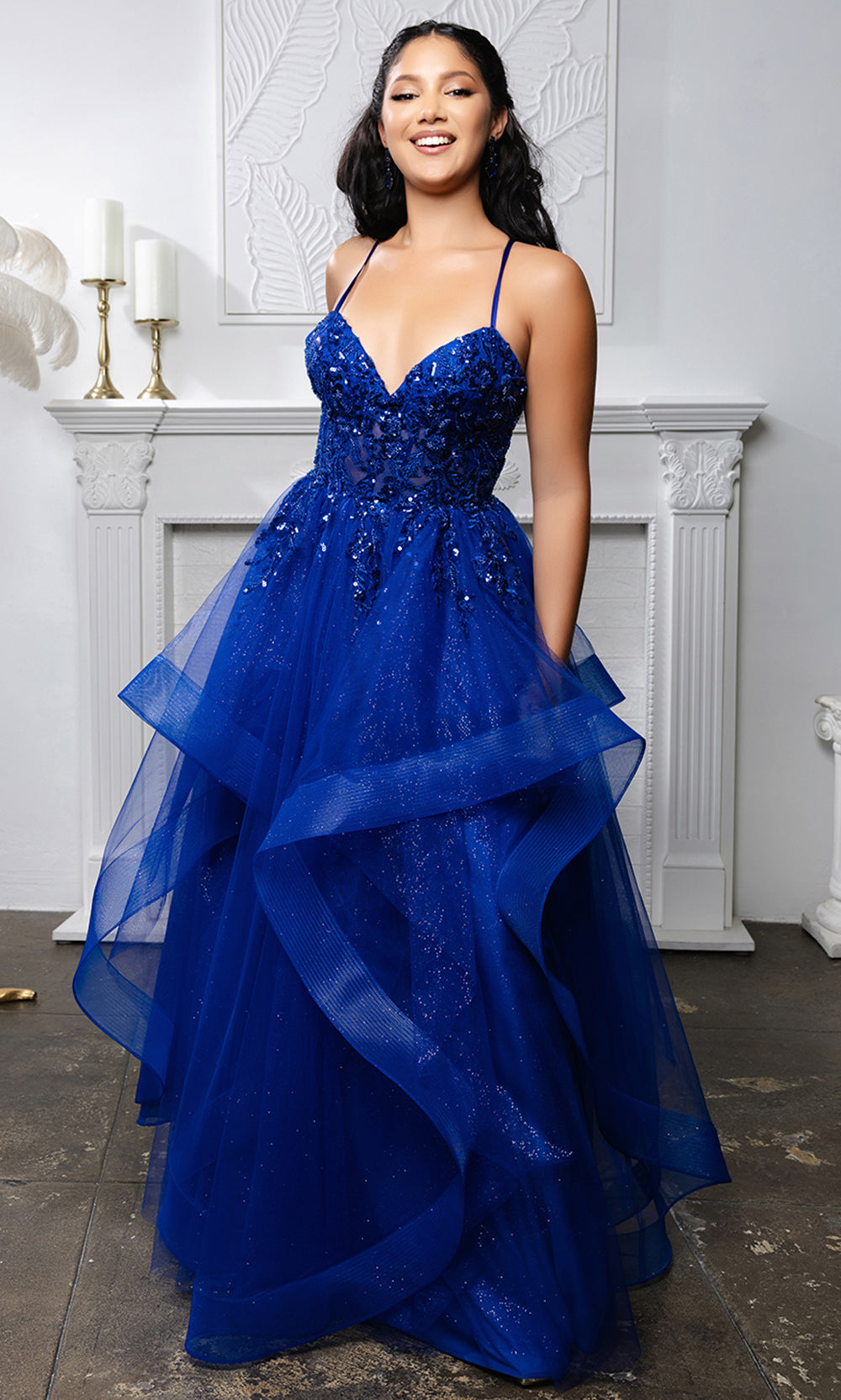 May Queen MQ2203 - Layered Ruffle Skirt Sleeveless Prom Gown