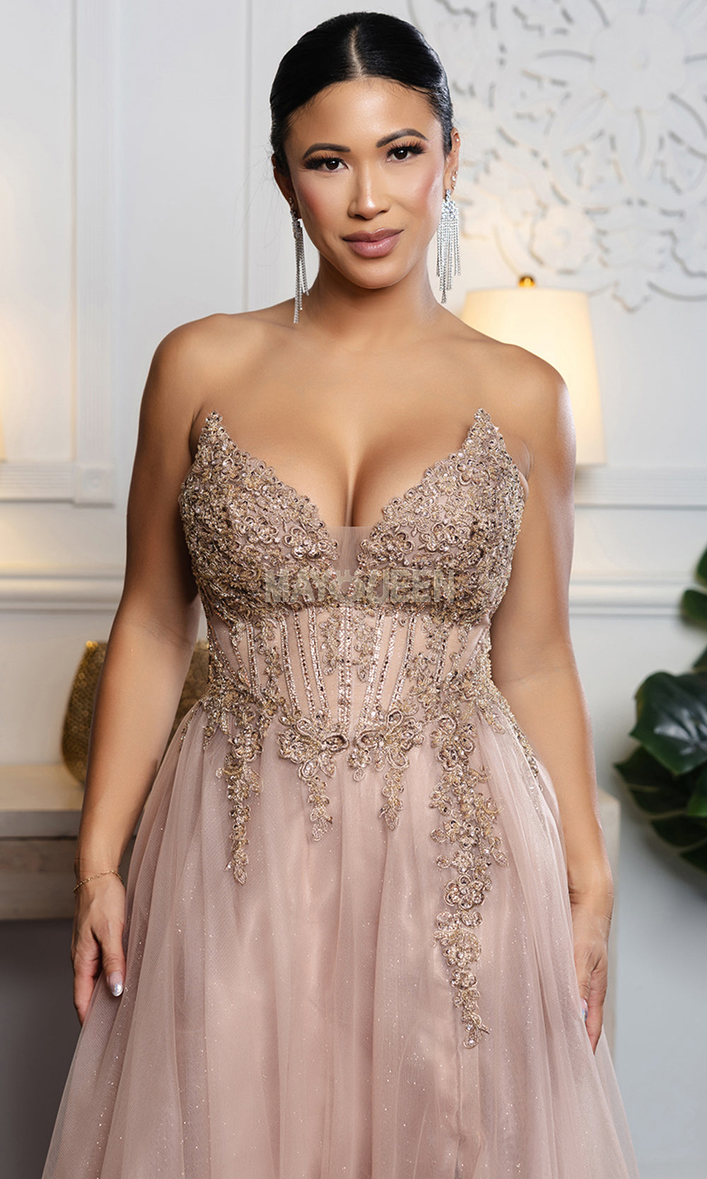 May Queen MQ2208 - Embellished A-Line Gown with Lace-Up Back