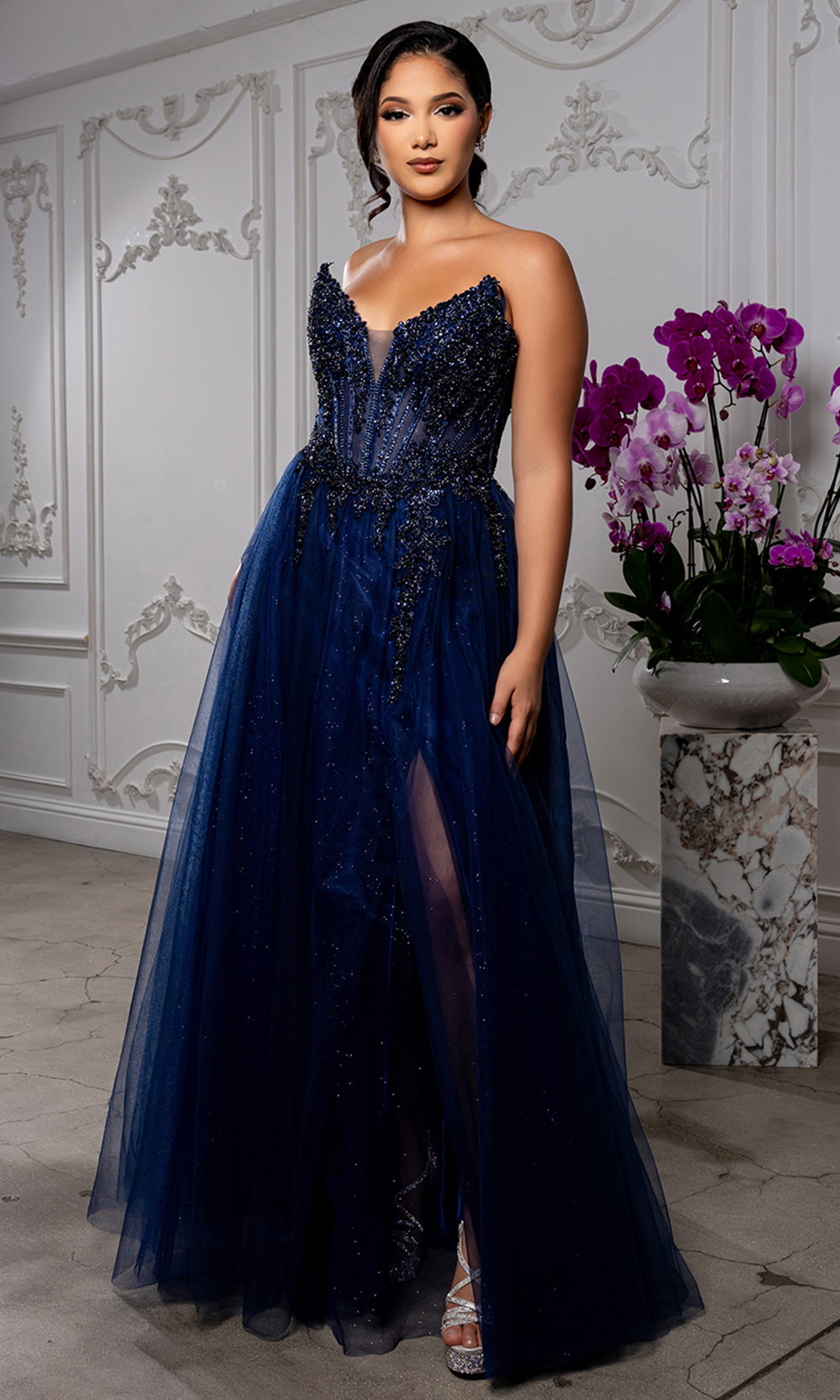May Queen MQ2208 - Embellished A-Line Gown with Lace-Up Back