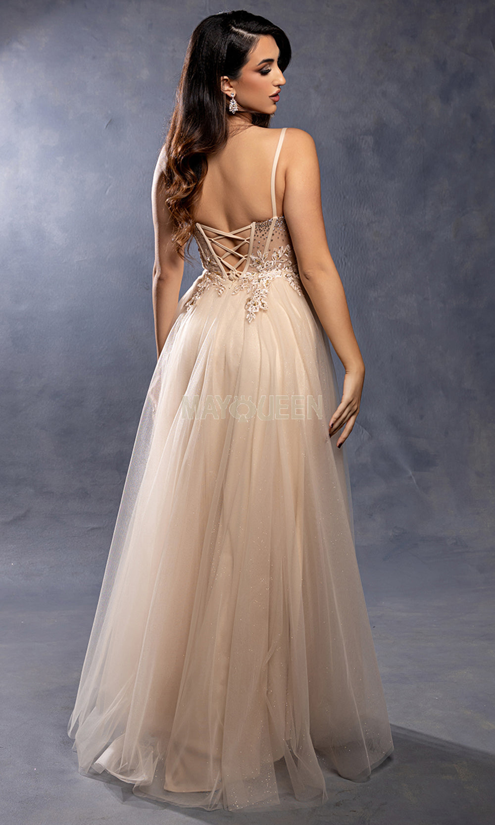 May Queen MQ2209 - Embellished Illusion Bodice Slit Long Gown