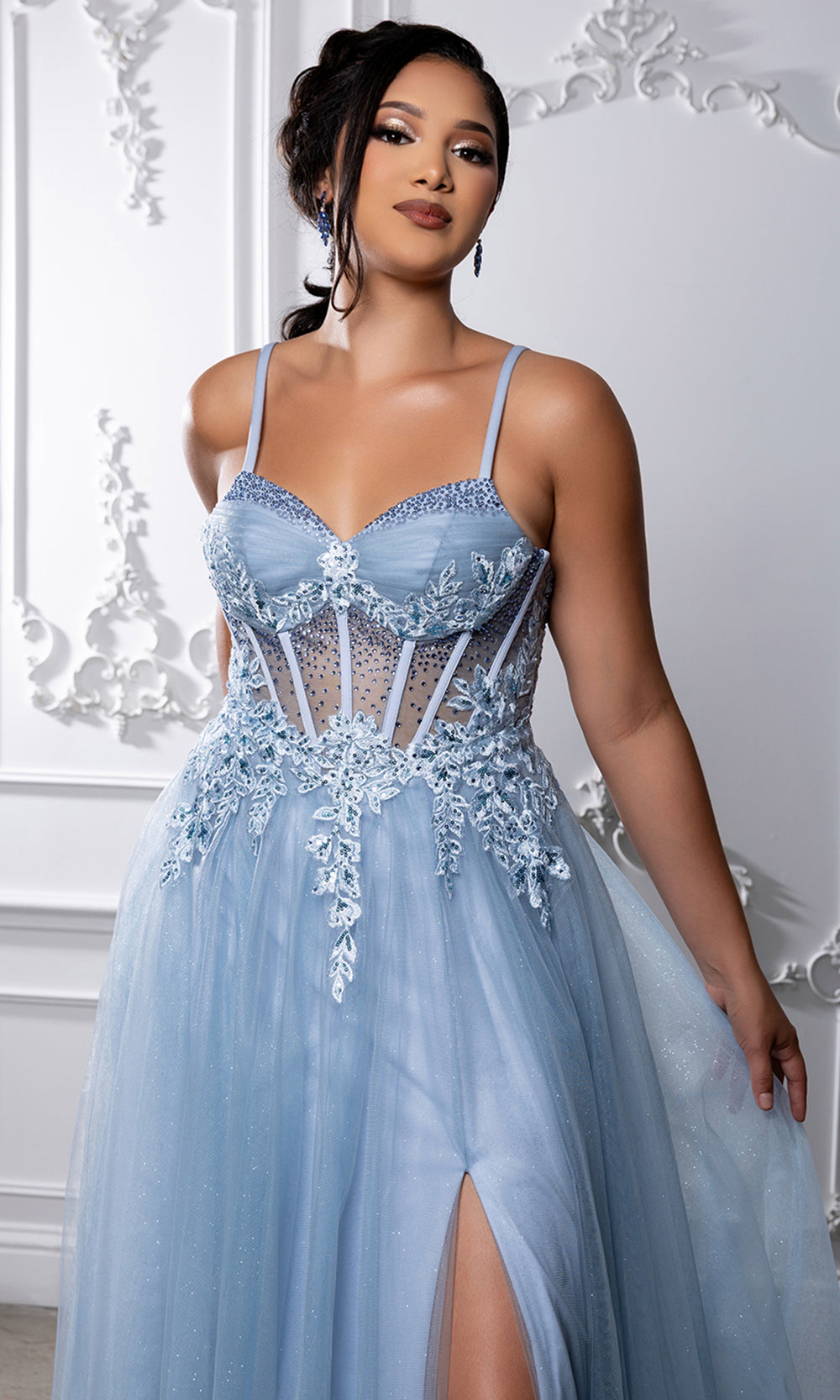May Queen MQ2209 - Embellished Illusion Bodice Slit Long Gown