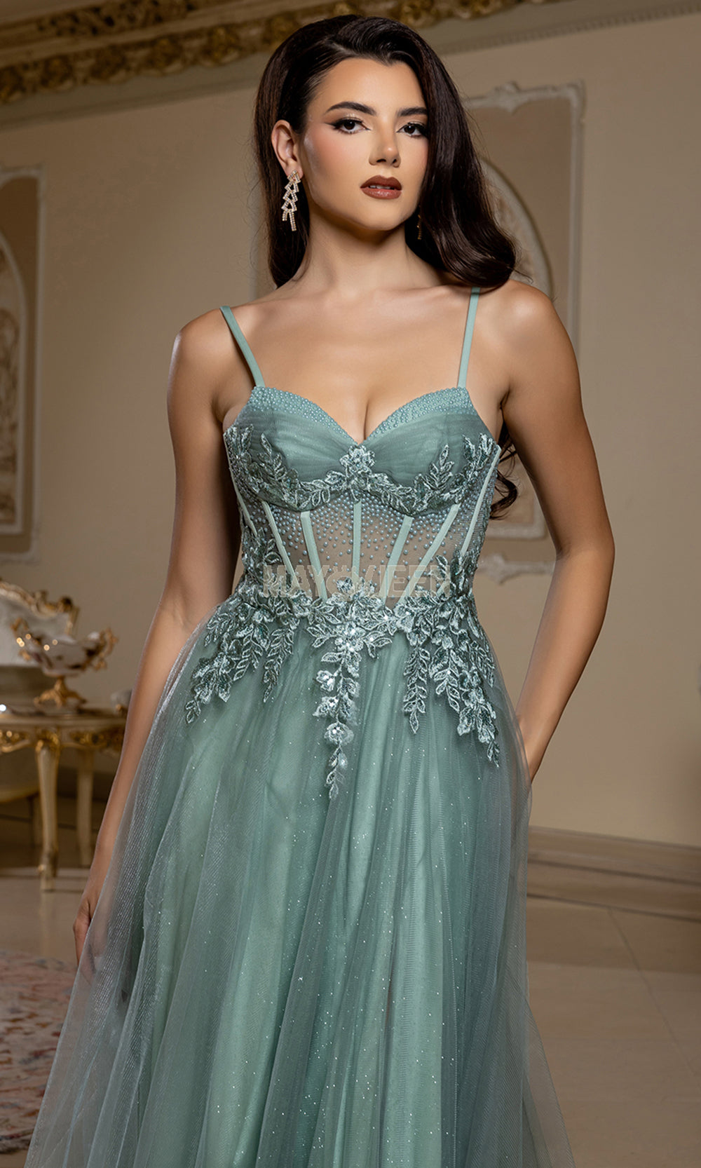 May Queen MQ2209 - Embellished Illusion Bodice Slit Long Gown