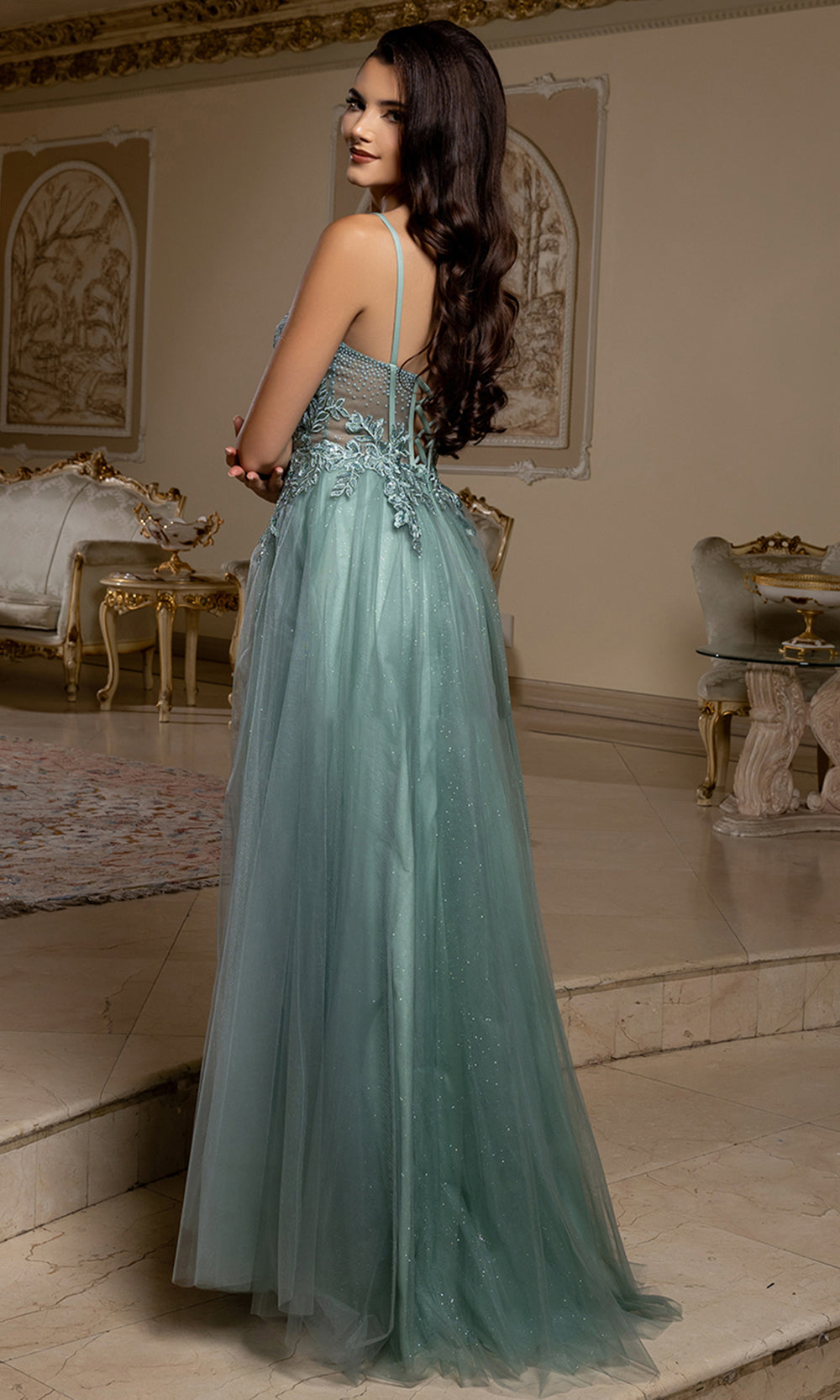 May Queen MQ2209 - Embellished Illusion Bodice Slit Long Gown