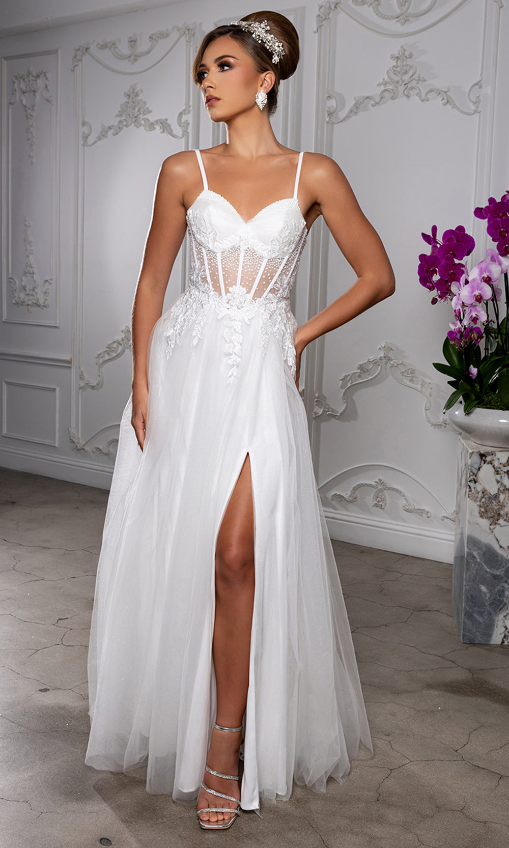 May Queen MQ2209 - Embellished Illusion Bodice Slit Long Gown