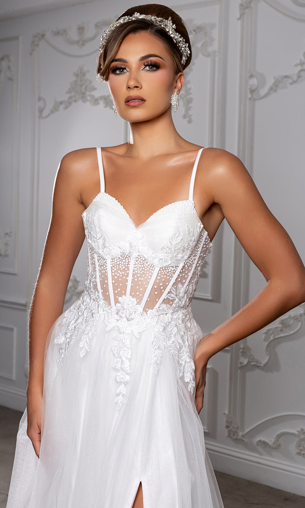 May Queen MQ2209 - Embellished Illusion Bodice Slit Long Gown