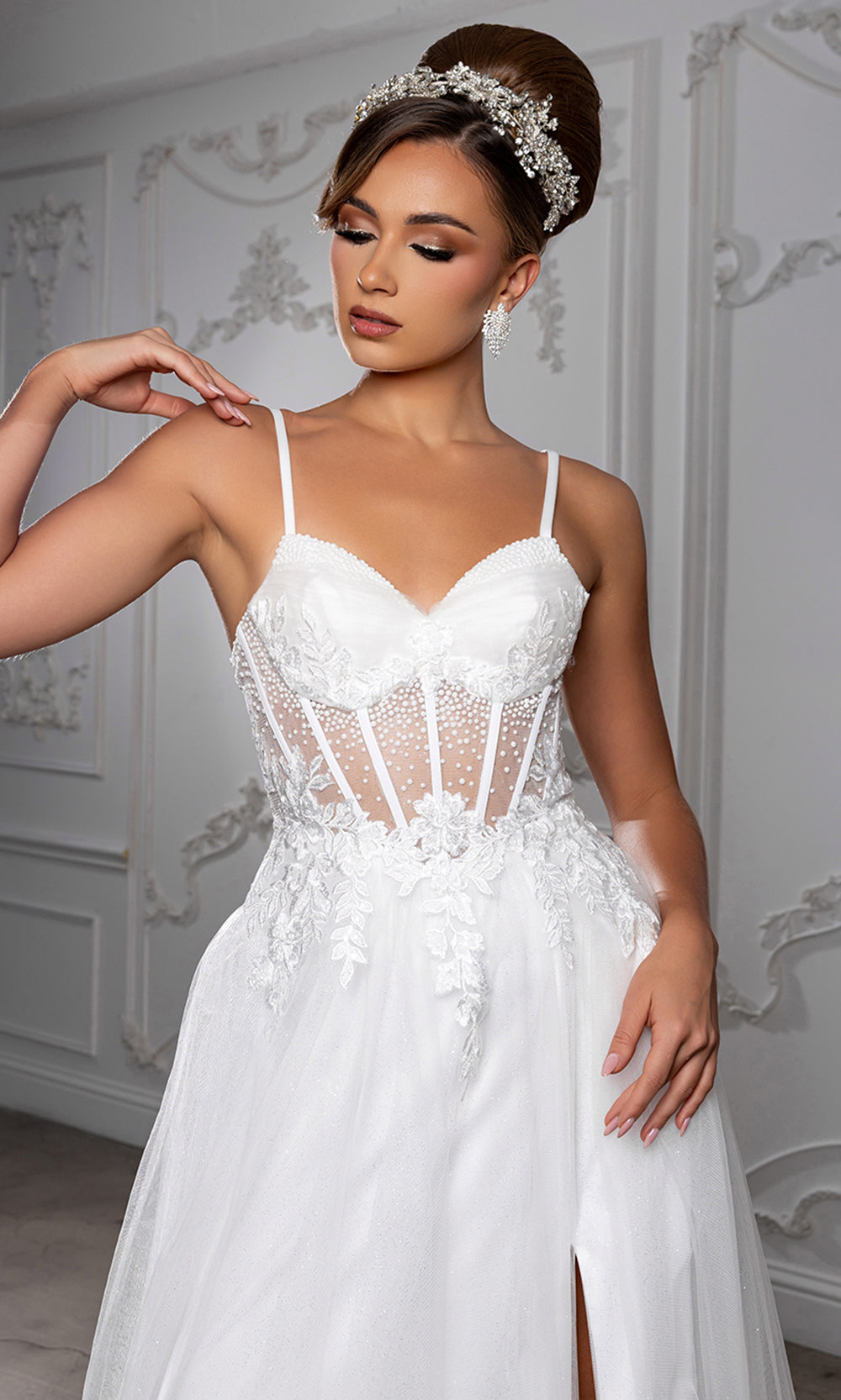 May Queen MQ2209 - Embellished Illusion Bodice Slit Long Gown