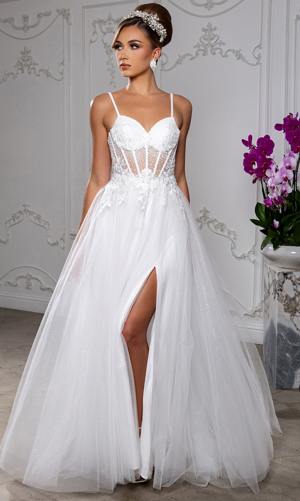 May Queen MQ2209 - Embellished Illusion Bodice Slit Long Gown