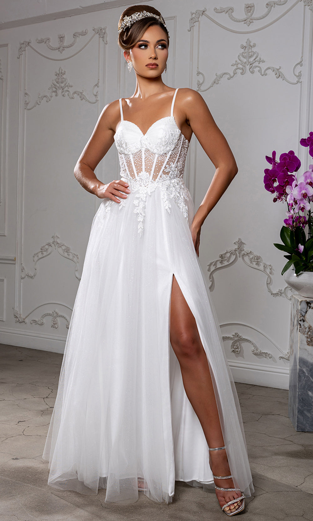 May Queen MQ2209 - Embellished Illusion Bodice Slit Long Gown
