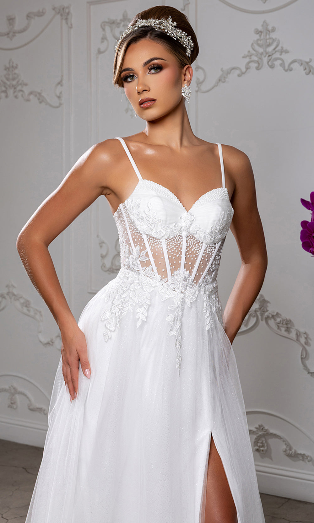 May Queen MQ2209 - Embellished Illusion Bodice Slit Long Gown