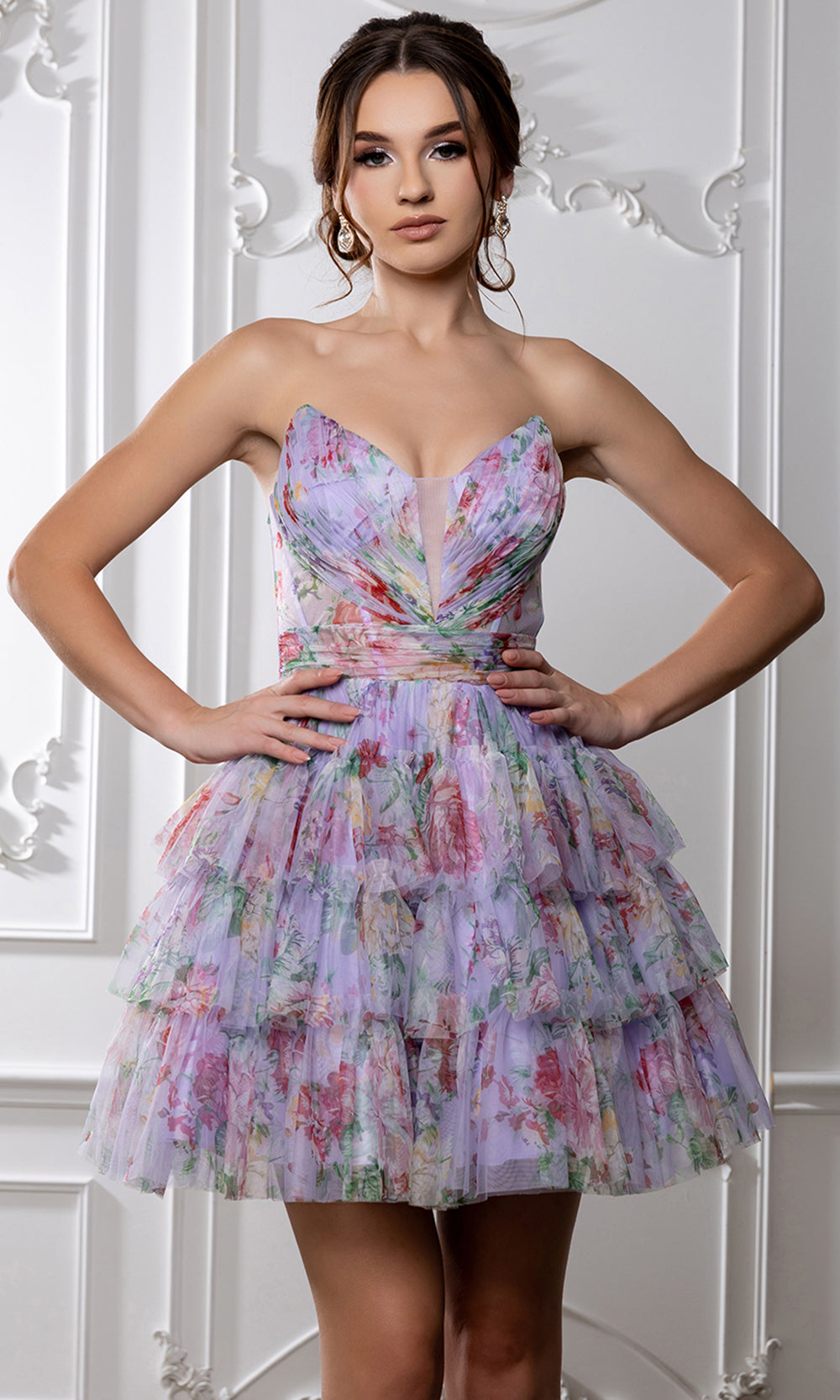 May Queen MQ2214 - Strapless Tiered Cocktail Dress with Floral Print