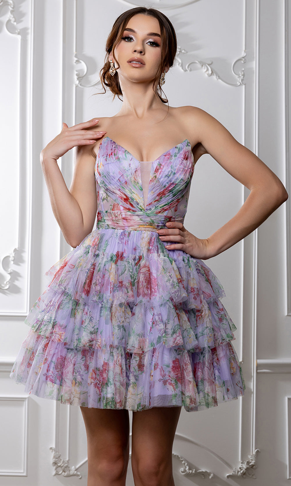 May Queen MQ2214 - Strapless Tiered Cocktail Dress with Floral Print