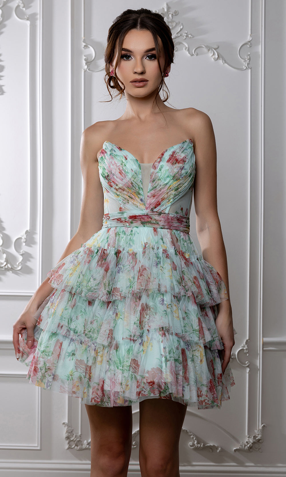 May Queen MQ2214 - Strapless Tiered Cocktail Dress with Floral Print
