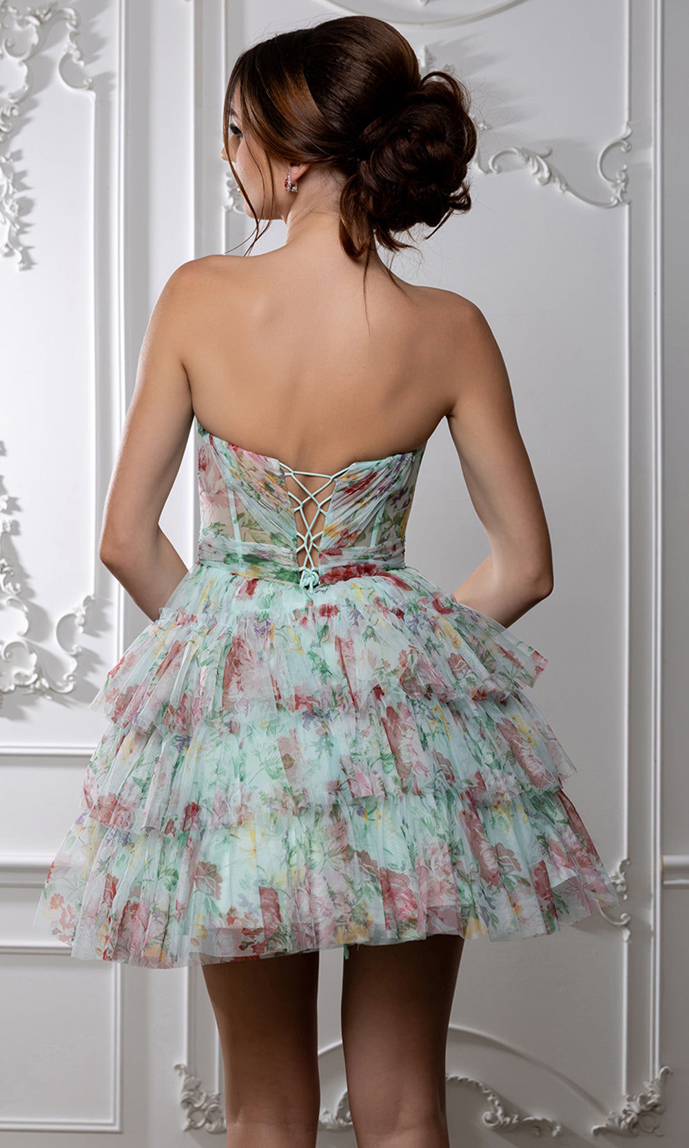 May Queen MQ2214 - Strapless Tiered Cocktail Dress with Floral Print