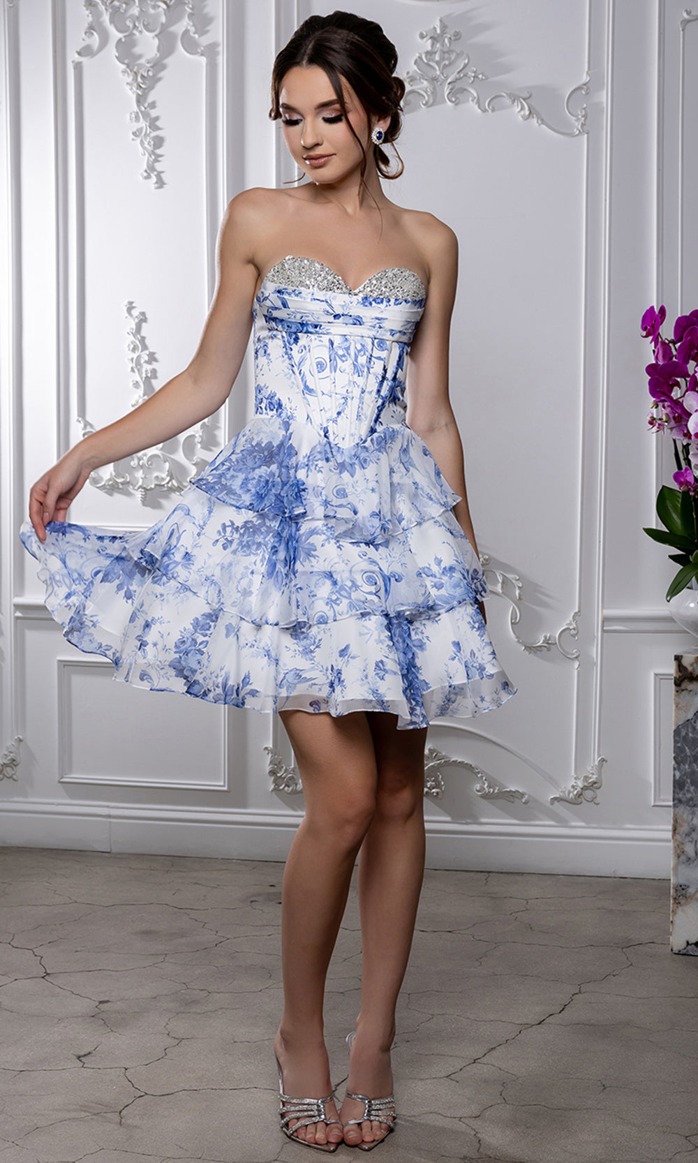 May Queen MQ2215 - Tiered A-Line Skirt Floral Print Cocktail Dress
