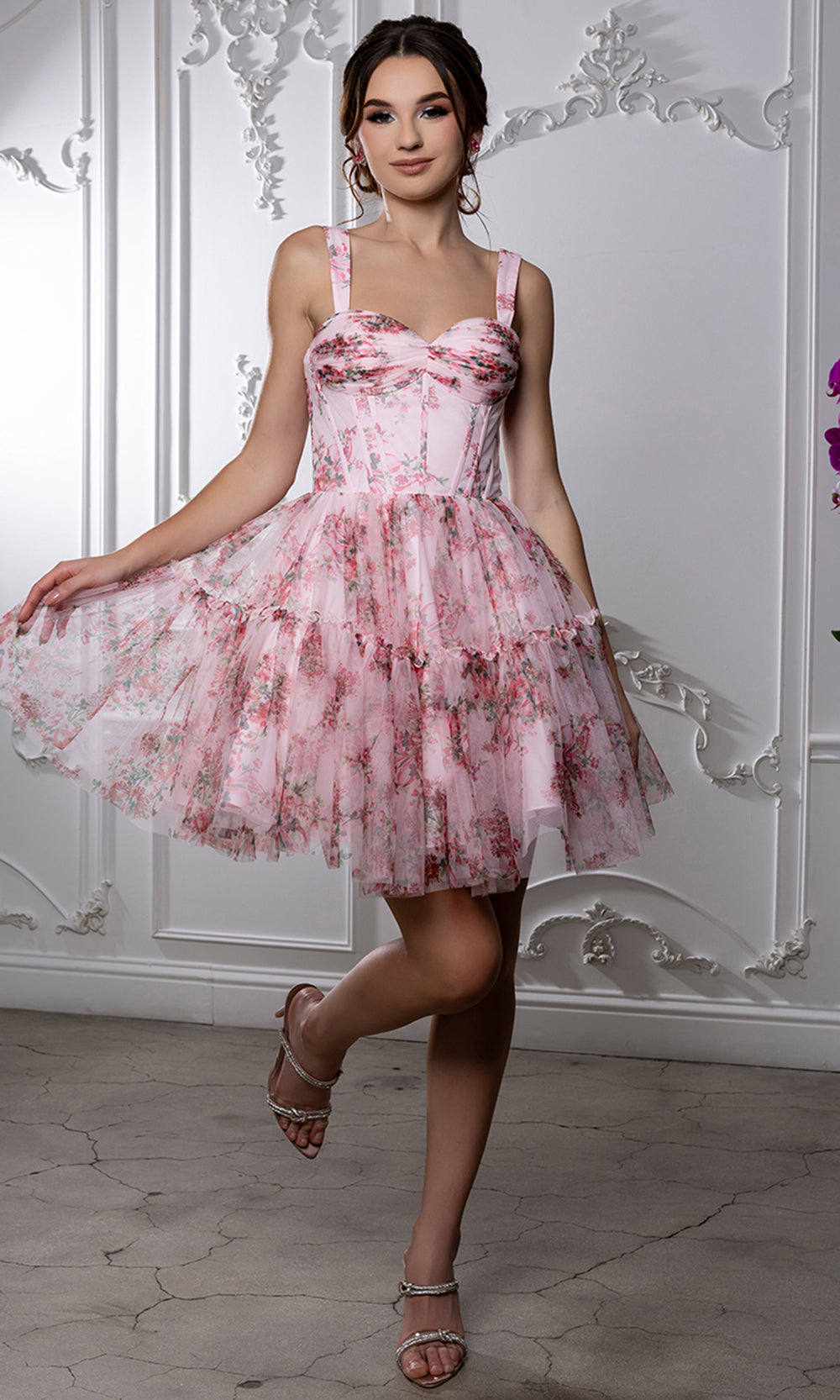 May Queen MQ2215 - Tiered A-Line Skirt Floral Print Cocktail Dress