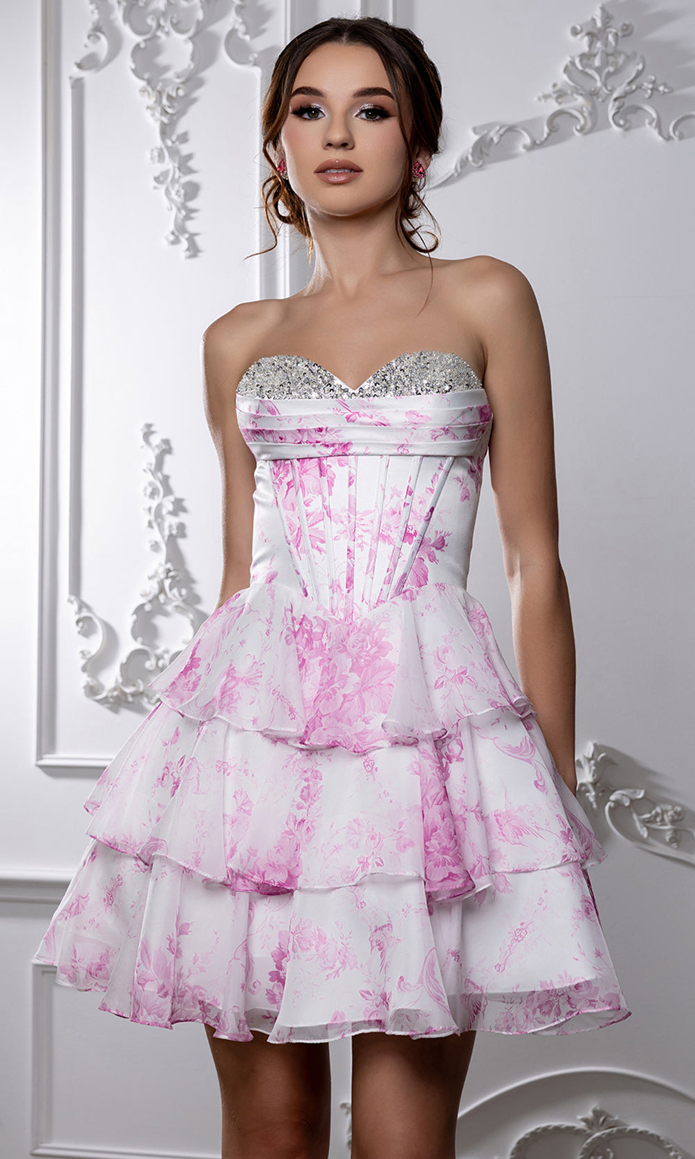May Queen MQ2215 - Tiered A-Line Skirt Floral Print Cocktail Dress