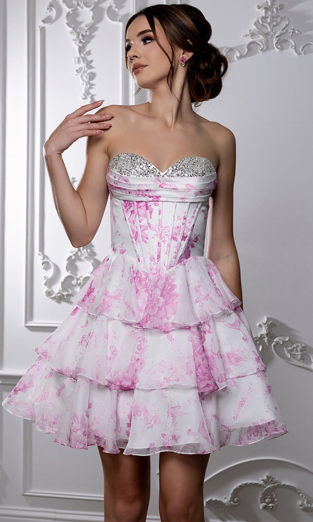 May Queen MQ2215 - Tiered A-Line Skirt Floral Print Cocktail Dress