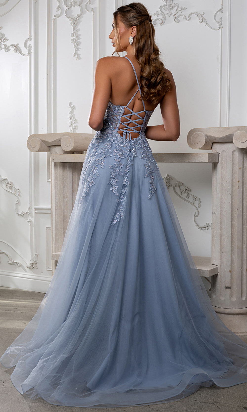 May Queen MQ2220 - Embellished Lace-Up Back Prom Gown with Slit