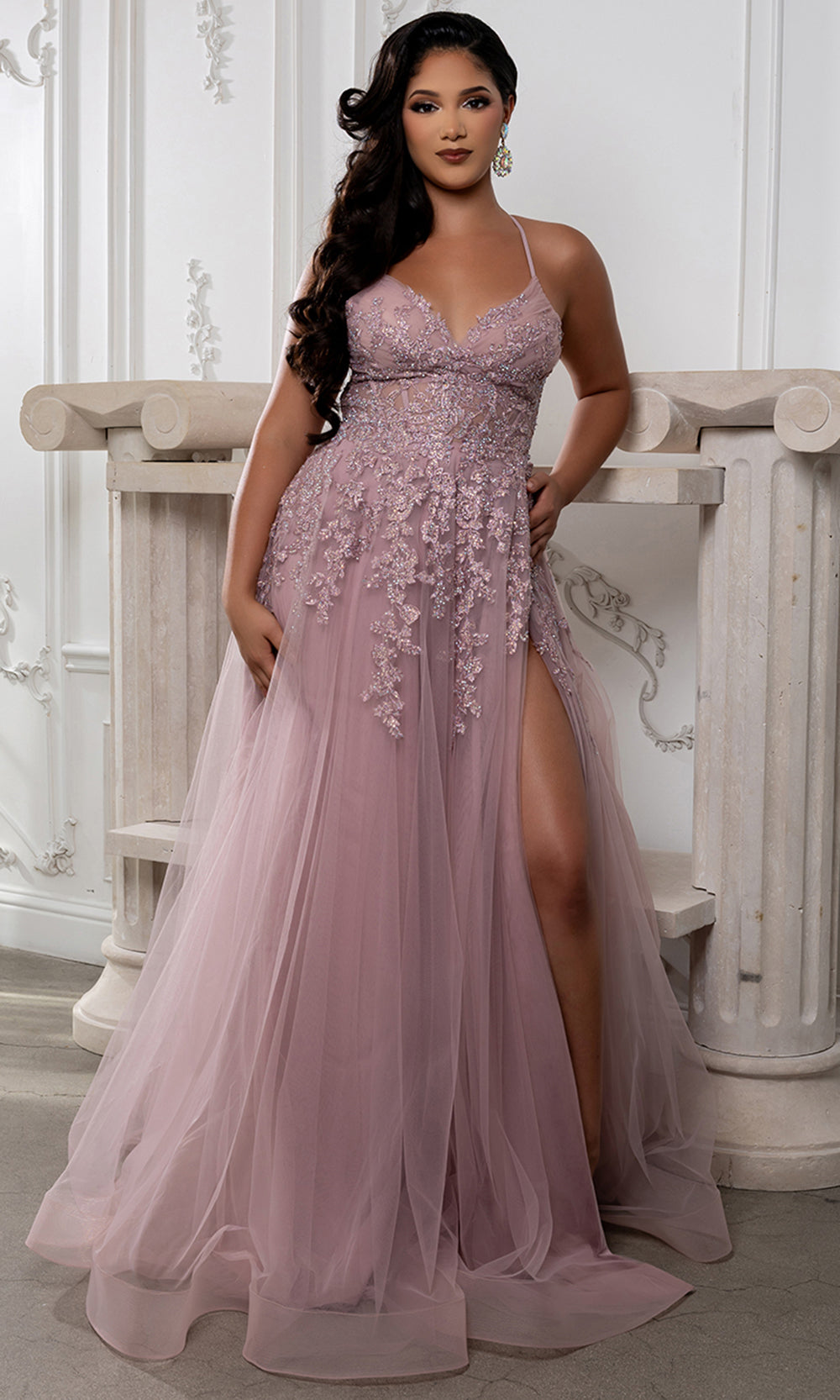 May Queen MQ2220 - Embellished Lace-Up Back Prom Gown with Slit