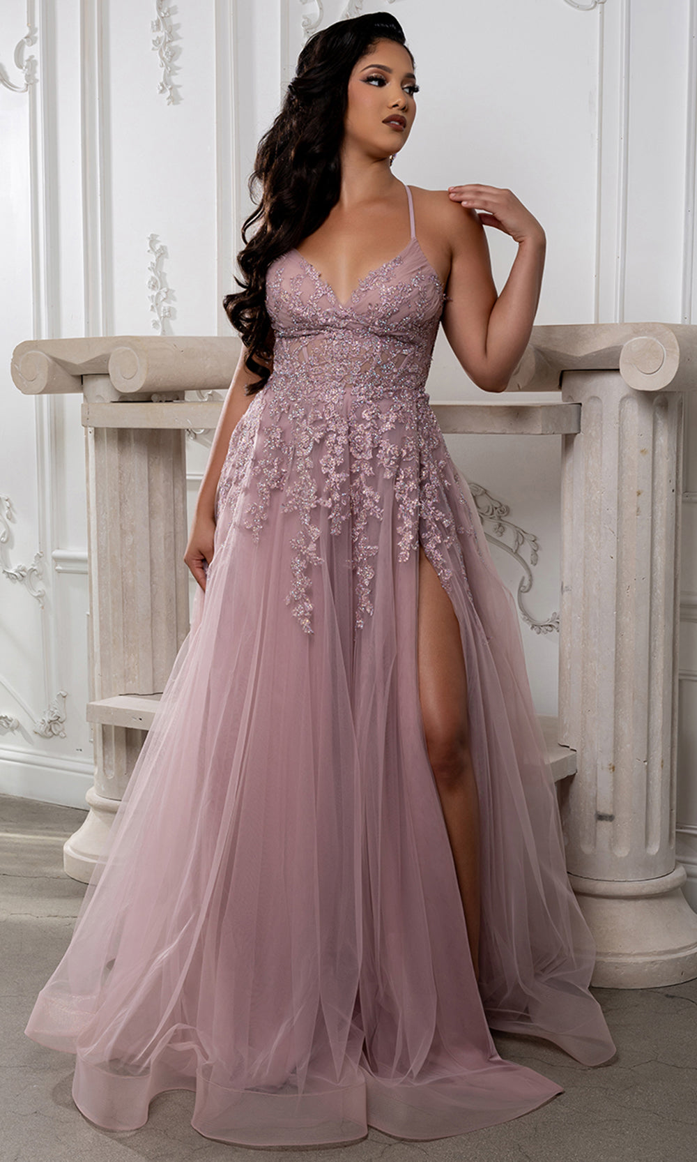 May Queen MQ2220 - Embellished Lace-Up Back Prom Gown with Slit