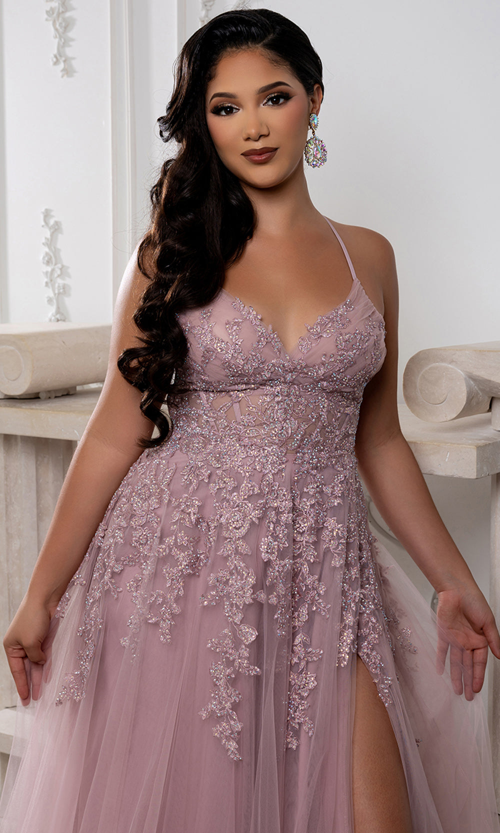 May Queen MQ2220 - Embellished Lace-Up Back Prom Gown with Slit