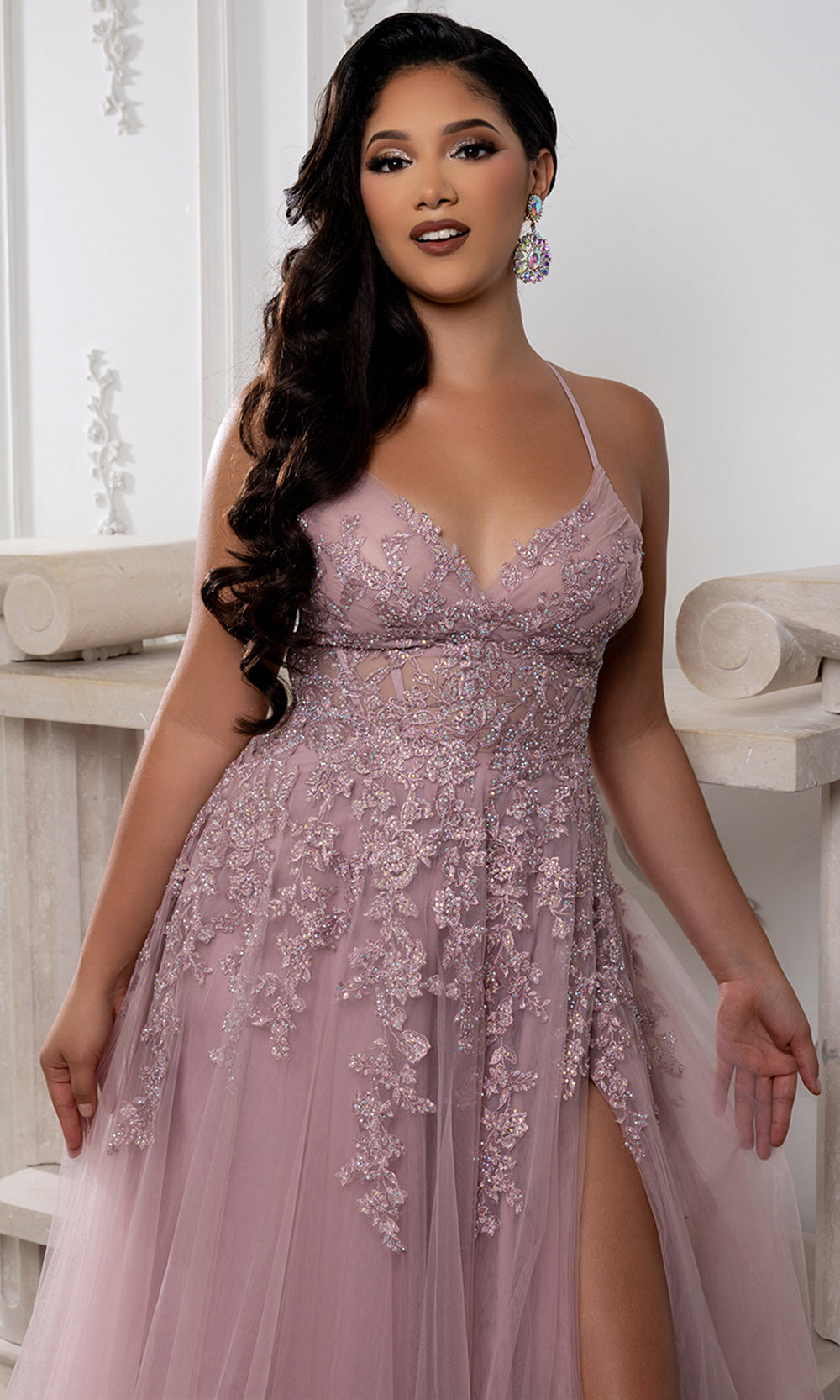 May Queen MQ2220 - Embellished Lace-Up Back Prom Gown with Slit