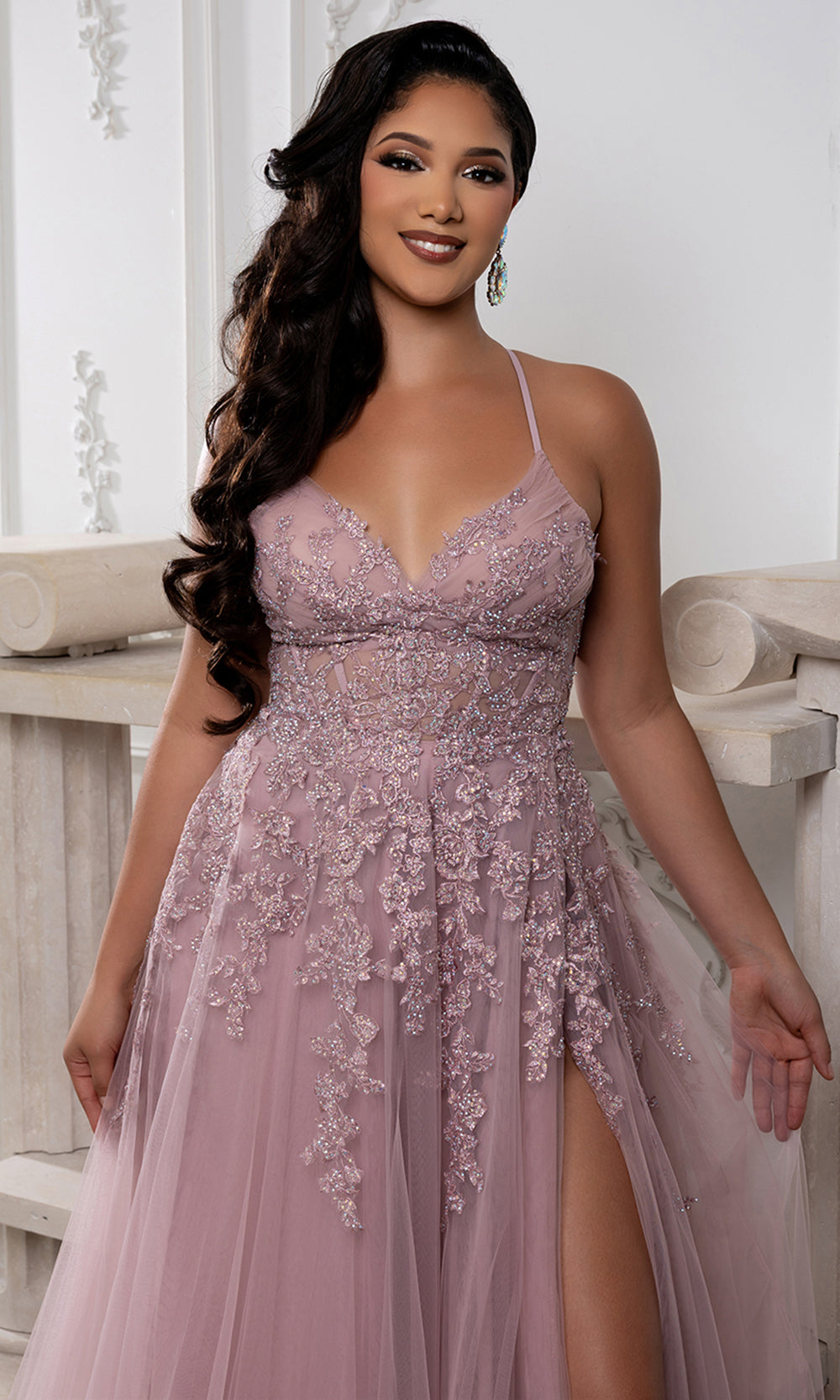 May Queen MQ2220 - Embellished Lace-Up Back Prom Gown with Slit
