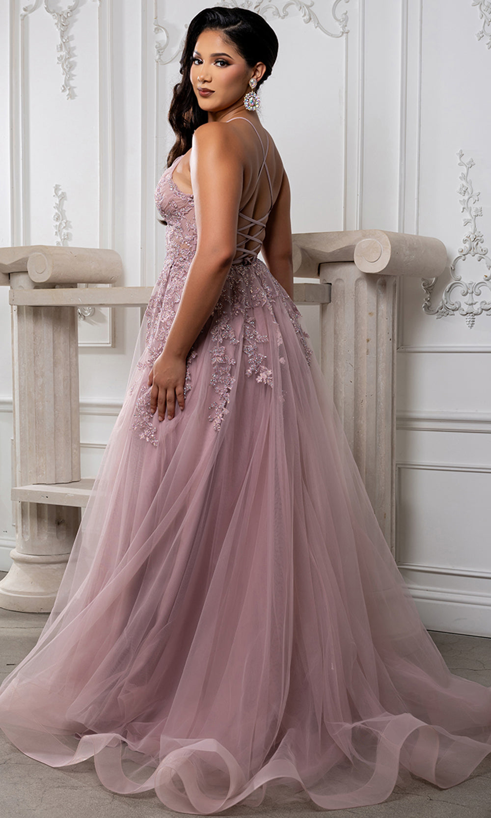 May Queen MQ2220 - Embellished Lace-Up Back Prom Gown with Slit