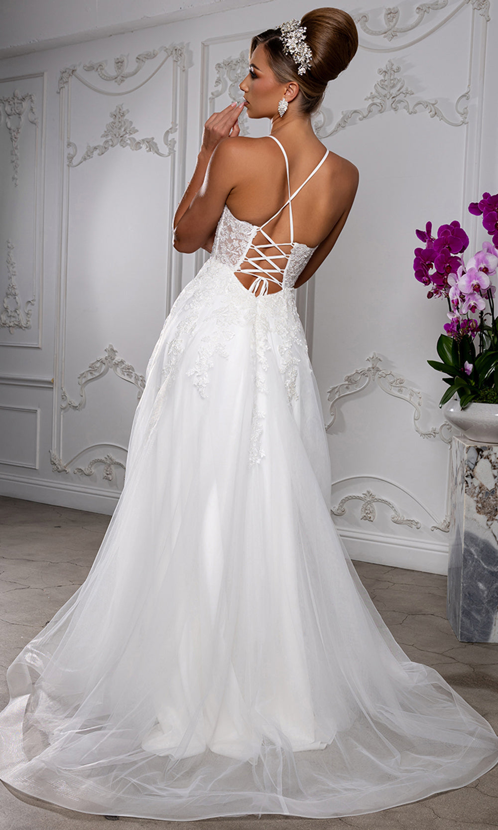 May Queen MQ2220 - Embellished Lace-Up Back Prom Gown with Slit
