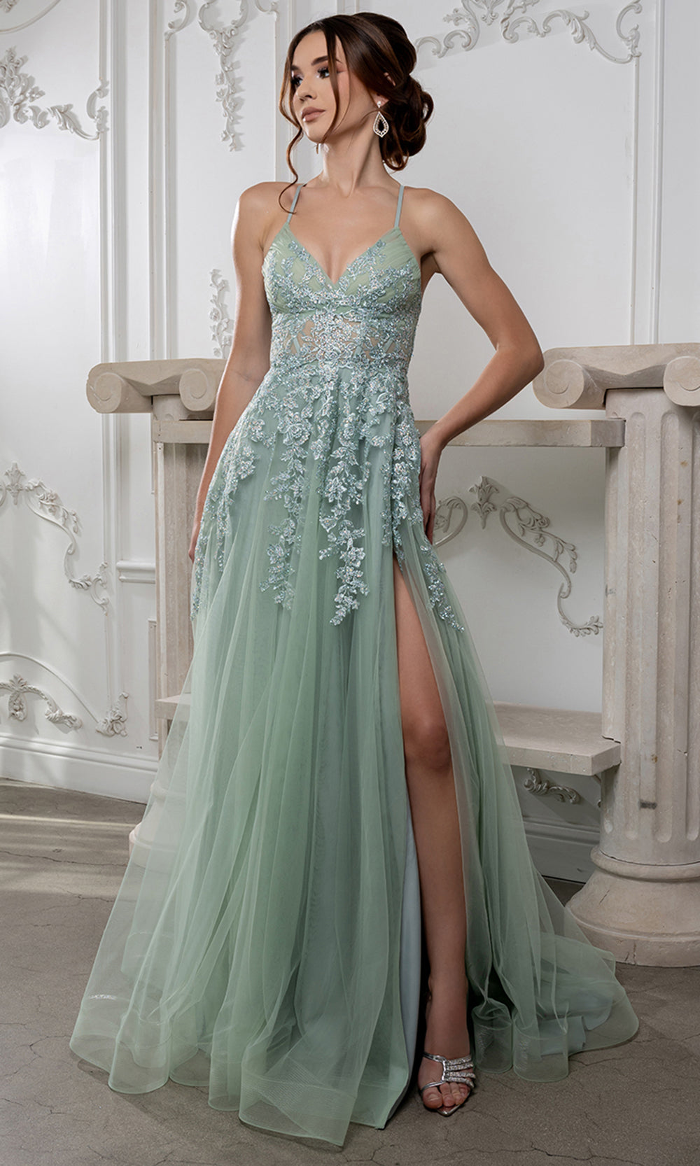 May Queen MQ2220 - Embellished Lace-Up Back Prom Gown with Slit