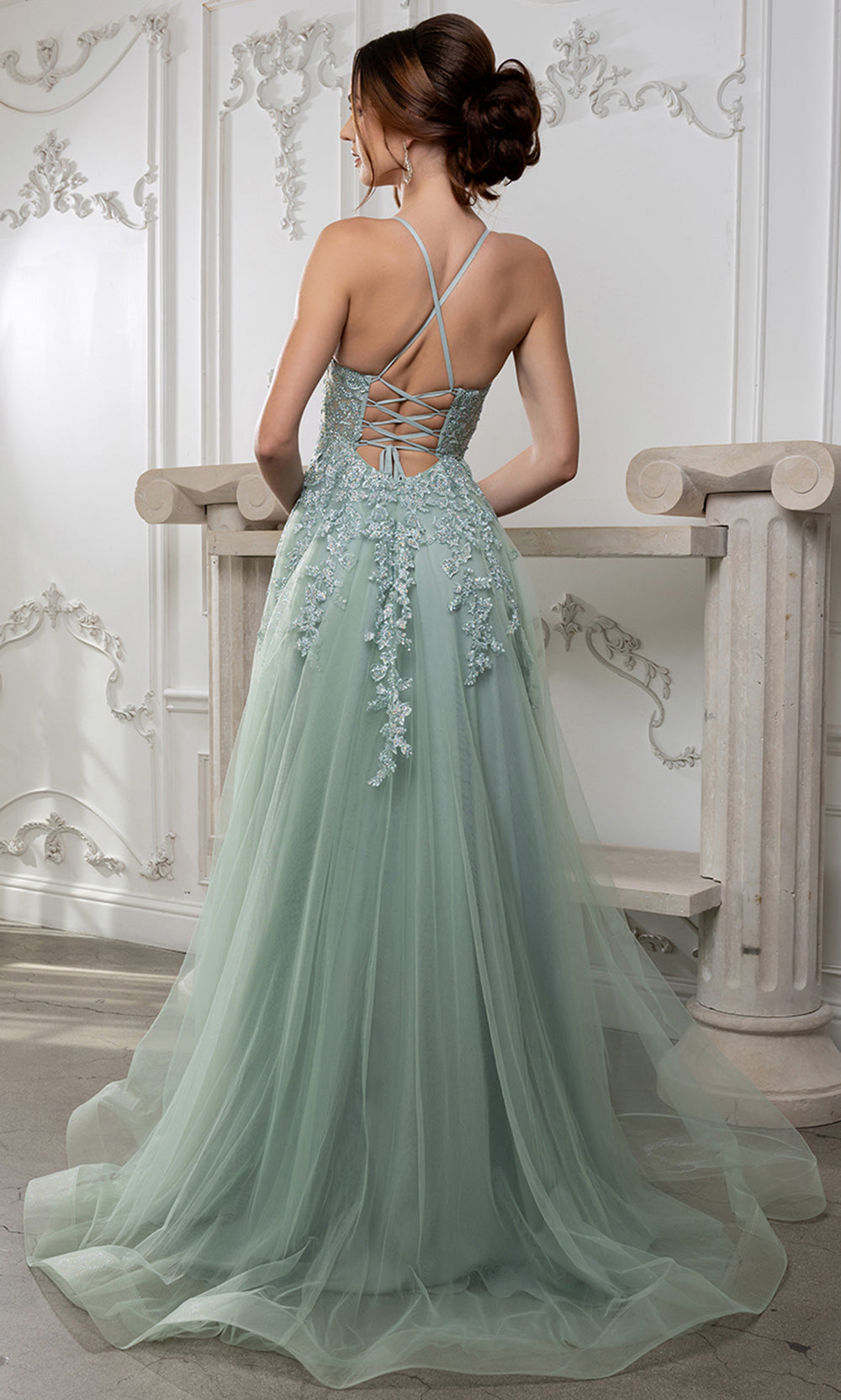 May Queen MQ2220 - Embellished Lace-Up Back Prom Gown with Slit