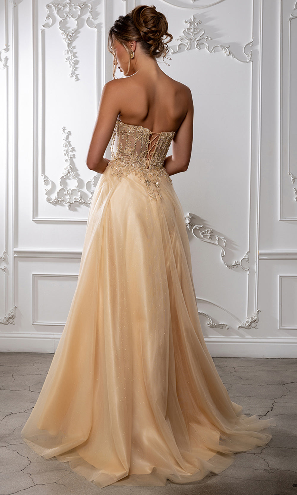 May Queen MQ2222 - Illusion Bodice Slit Long A-Line Gown