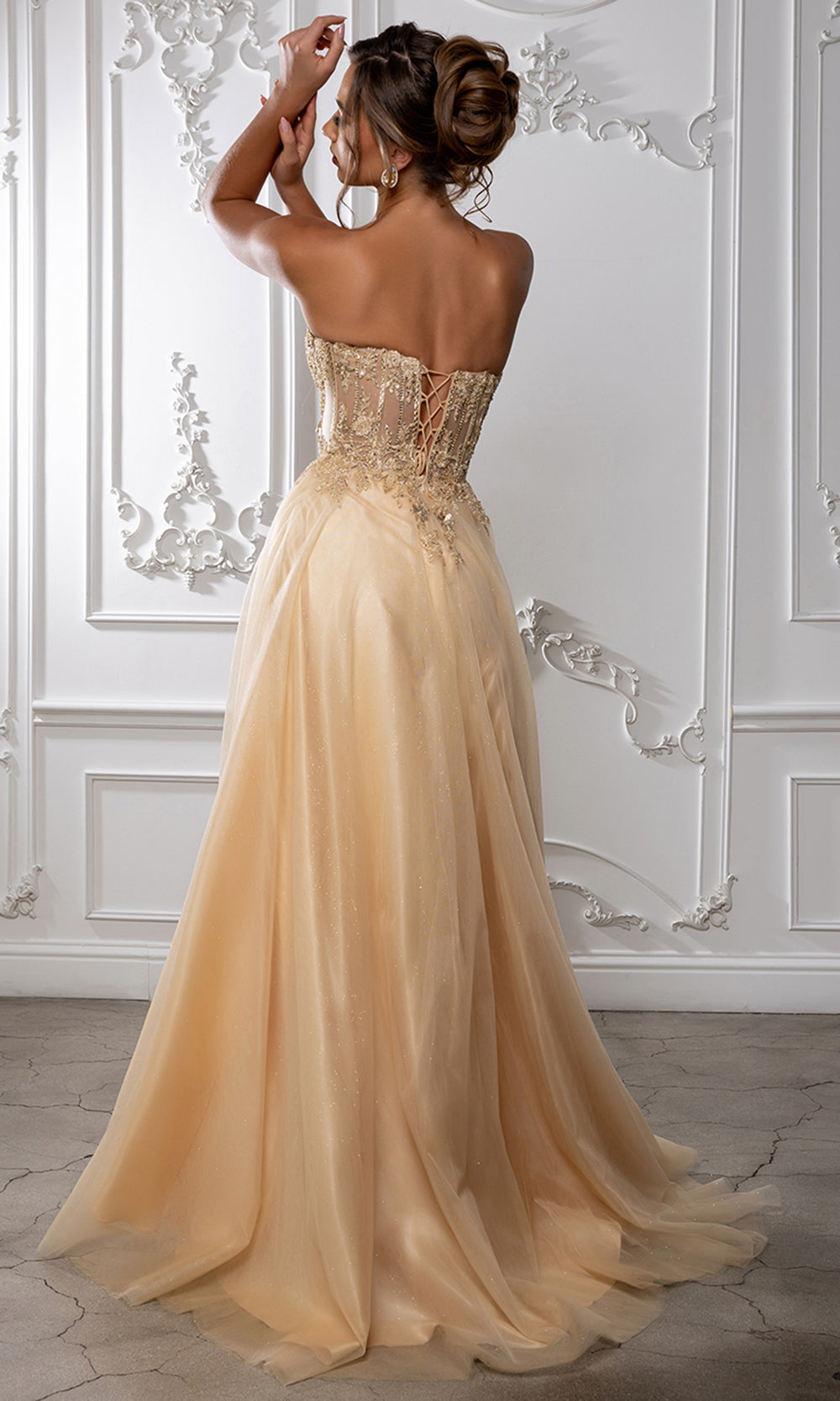 May Queen MQ2222 - Illusion Bodice Slit Long A-Line Gown