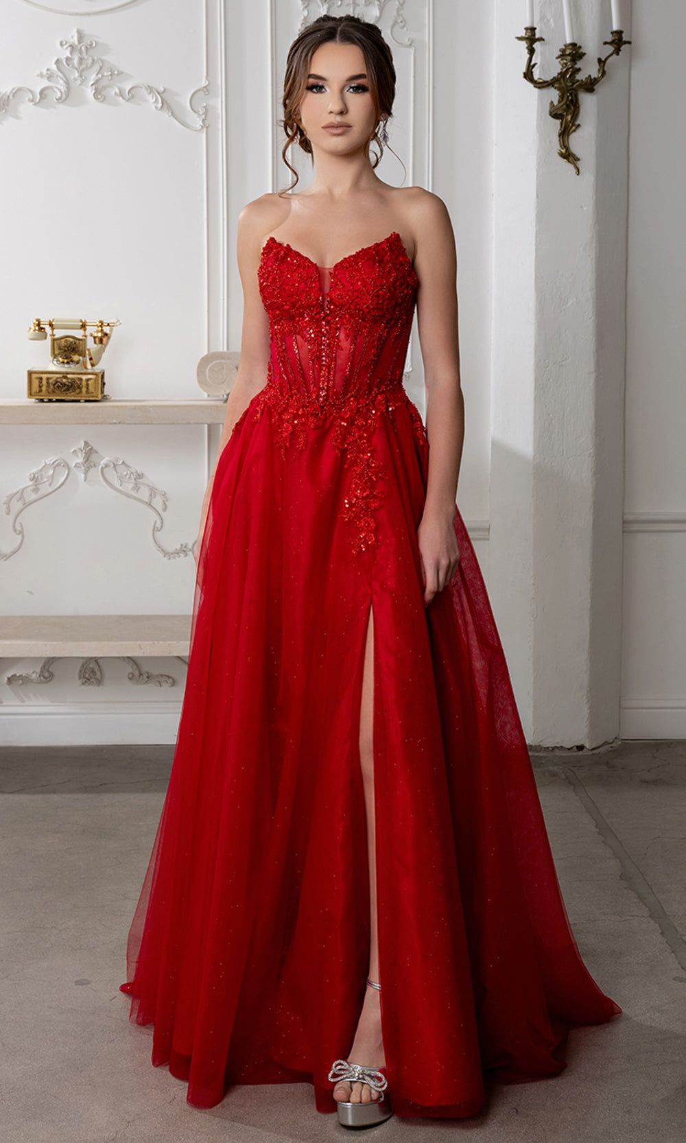 May Queen MQ2222 - Illusion Bodice Slit Long A-Line Gown