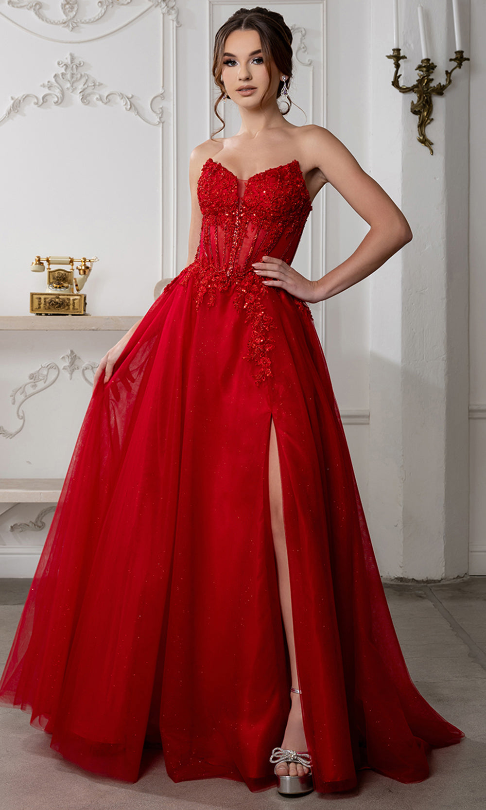 May Queen MQ2222 - Illusion Bodice Slit Long A-Line Gown