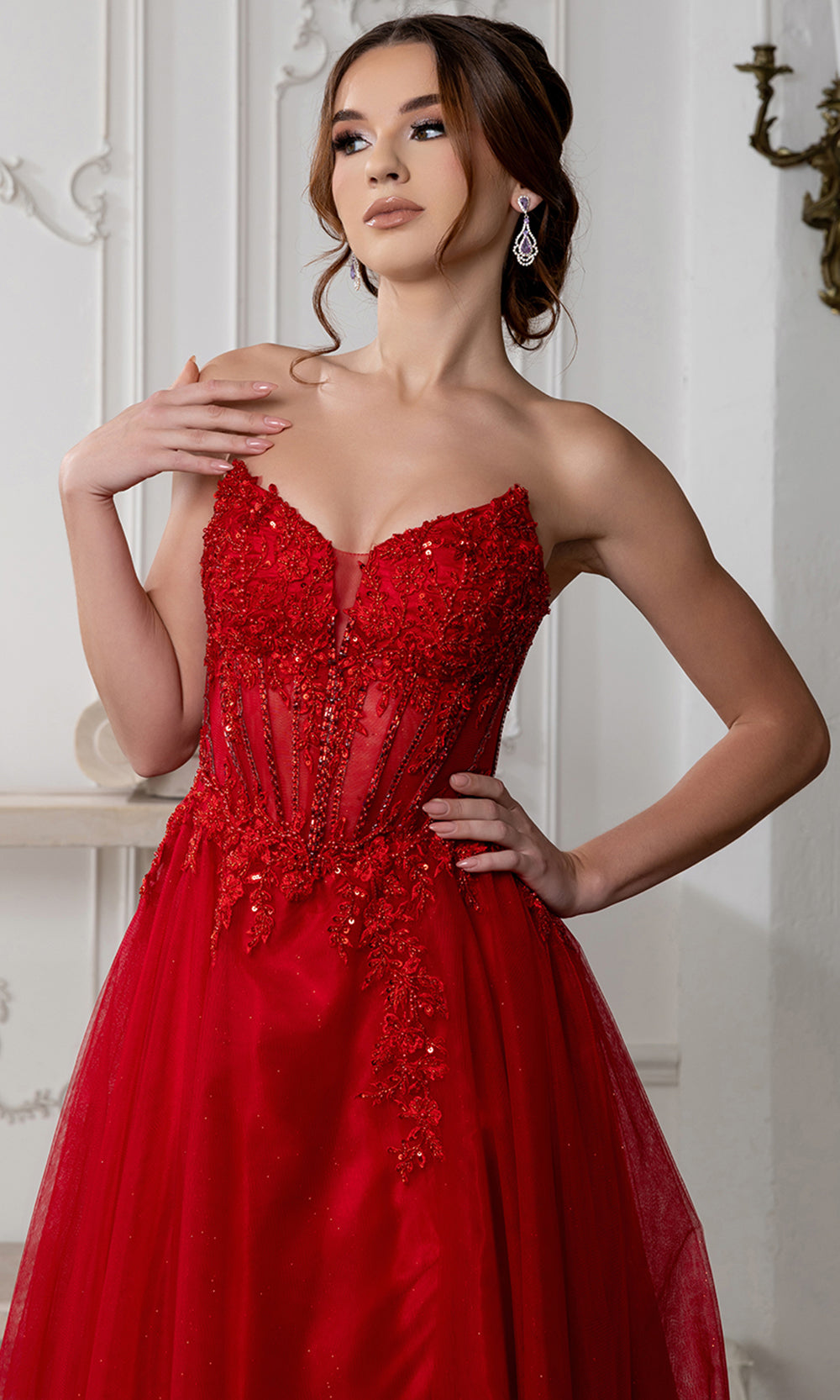 May Queen MQ2222 - Illusion Bodice Slit Long A-Line Gown