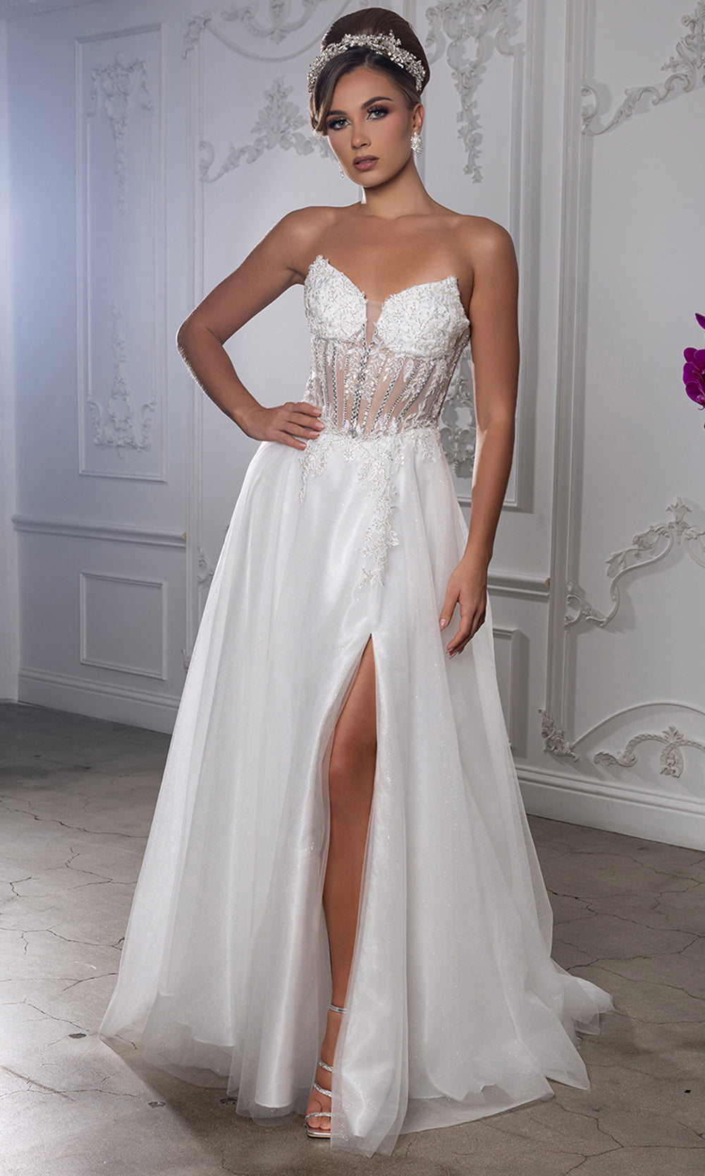 May Queen MQ2222 - Illusion Bodice Slit Long A-Line Gown