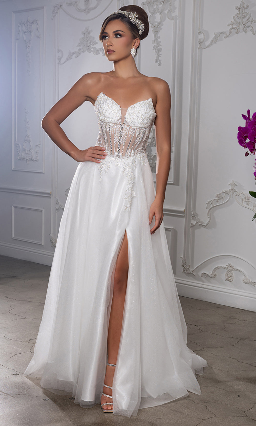May Queen MQ2222 - Illusion Bodice Slit Long A-Line Gown