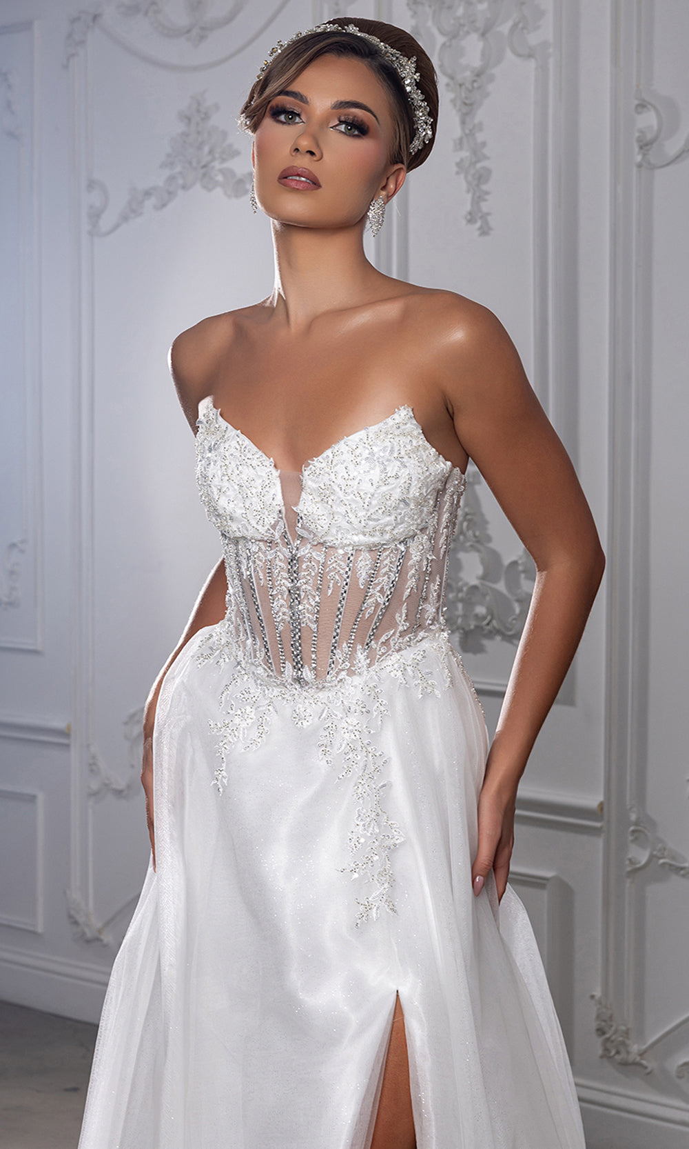 May Queen MQ2222 - Illusion Bodice Slit Long A-Line Gown
