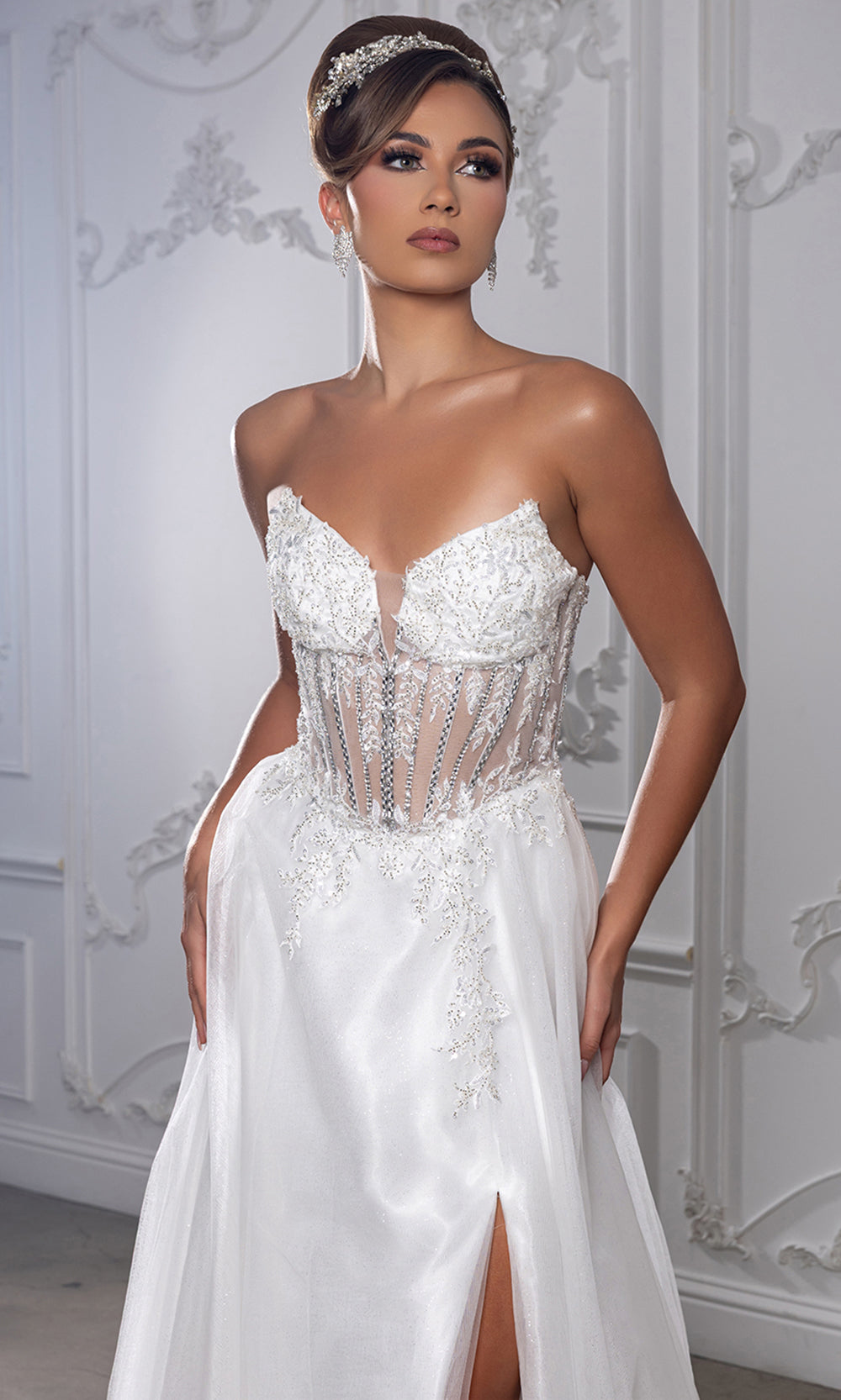May Queen MQ2222 - Illusion Bodice Slit Long A-Line Gown