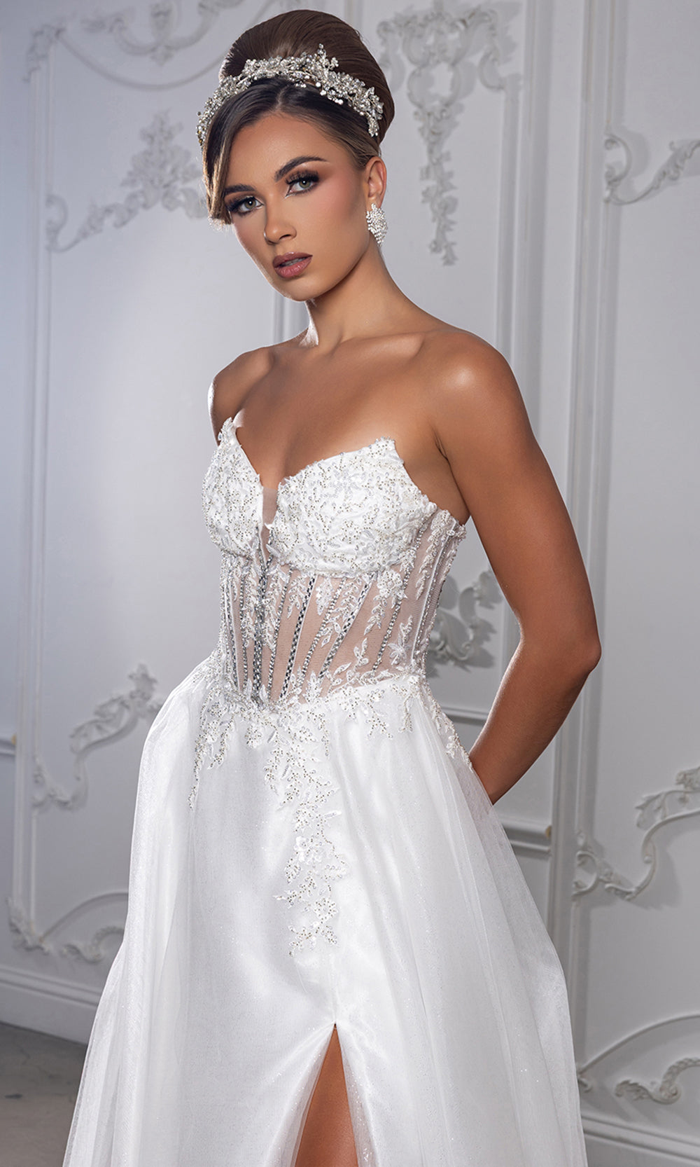 May Queen MQ2222 - Illusion Bodice Slit Long A-Line Gown