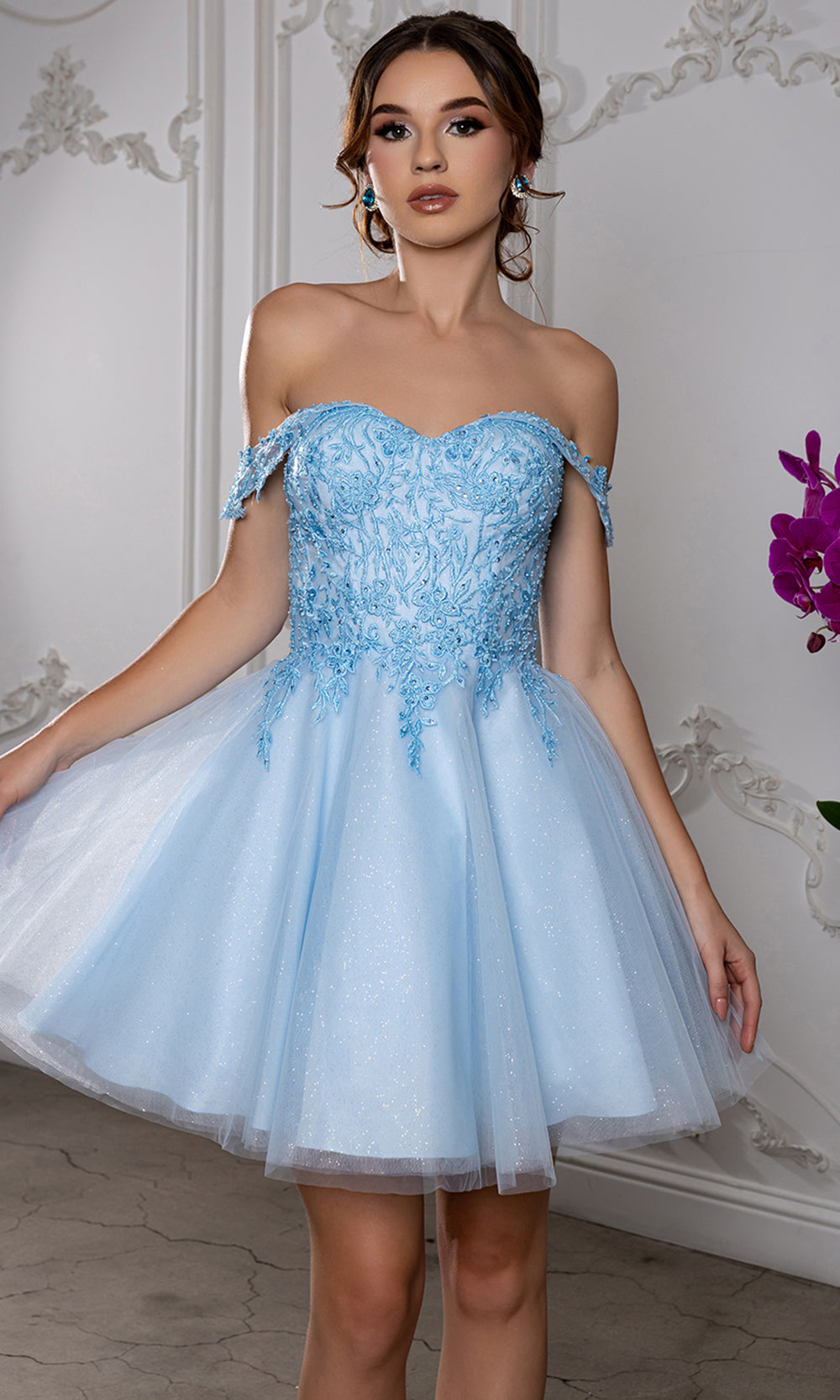 May Queen MQ2224 - Sweetheart Lace-Up Back Embroidered Mini Dress