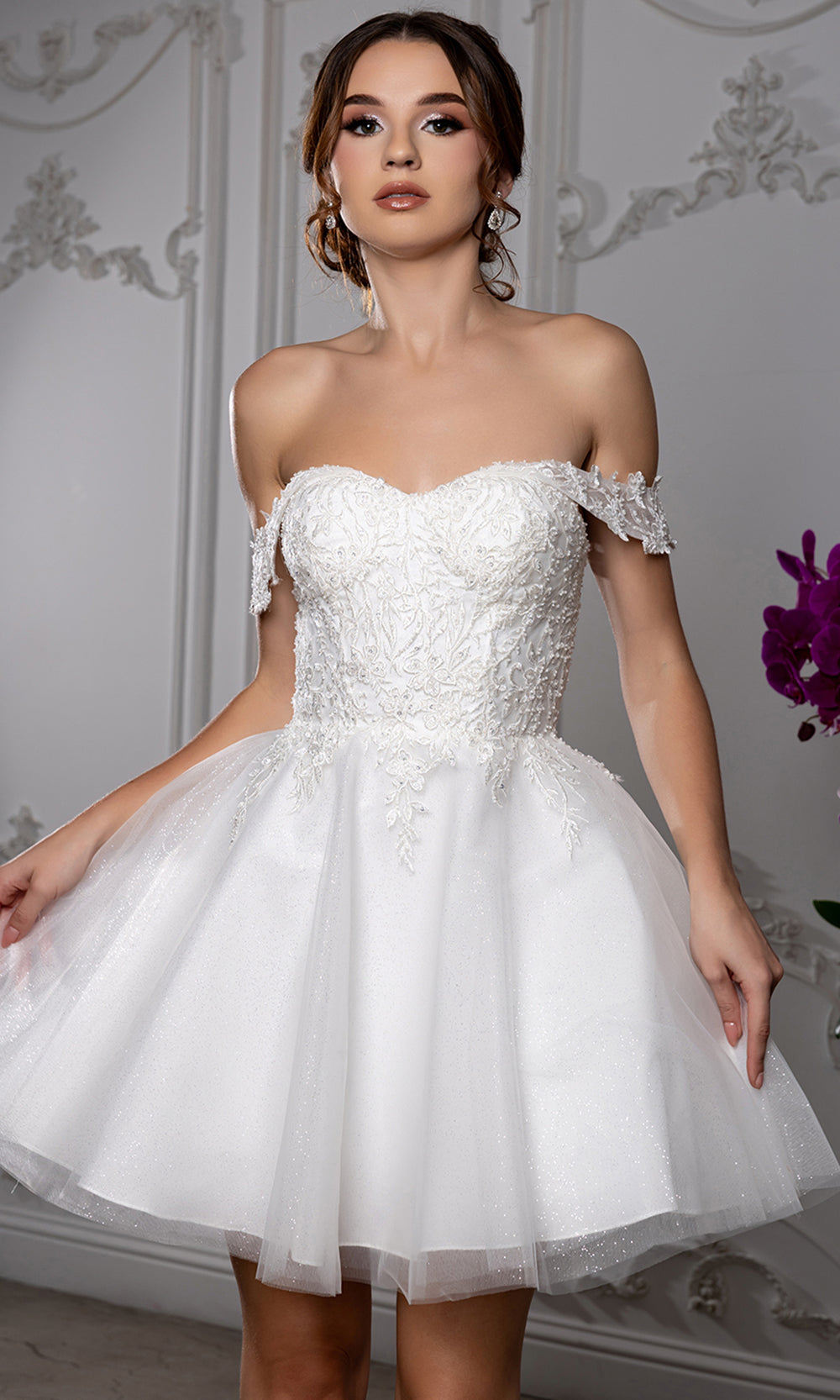 May Queen MQ2224 - Sweetheart Lace-Up Back Embroidered Mini Dress