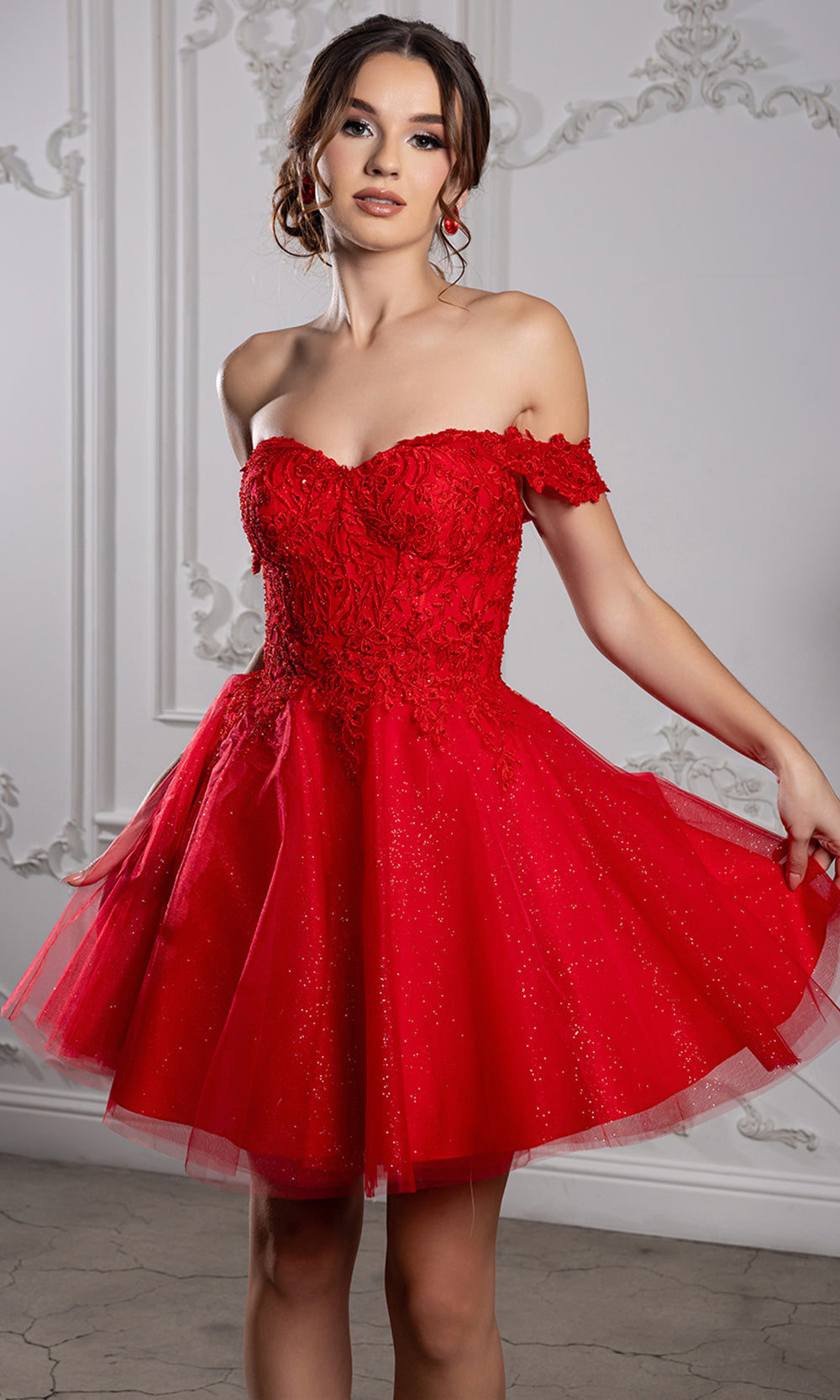 May Queen MQ2224 - Sweetheart Lace-Up Back Embroidered Mini Dress