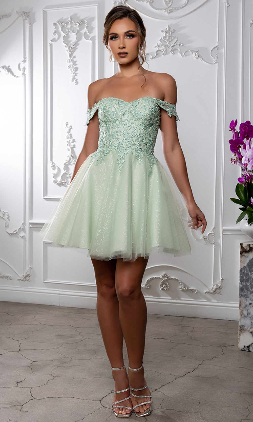 May Queen MQ2224 - Sweetheart Lace-Up Back Embroidered Mini Dress