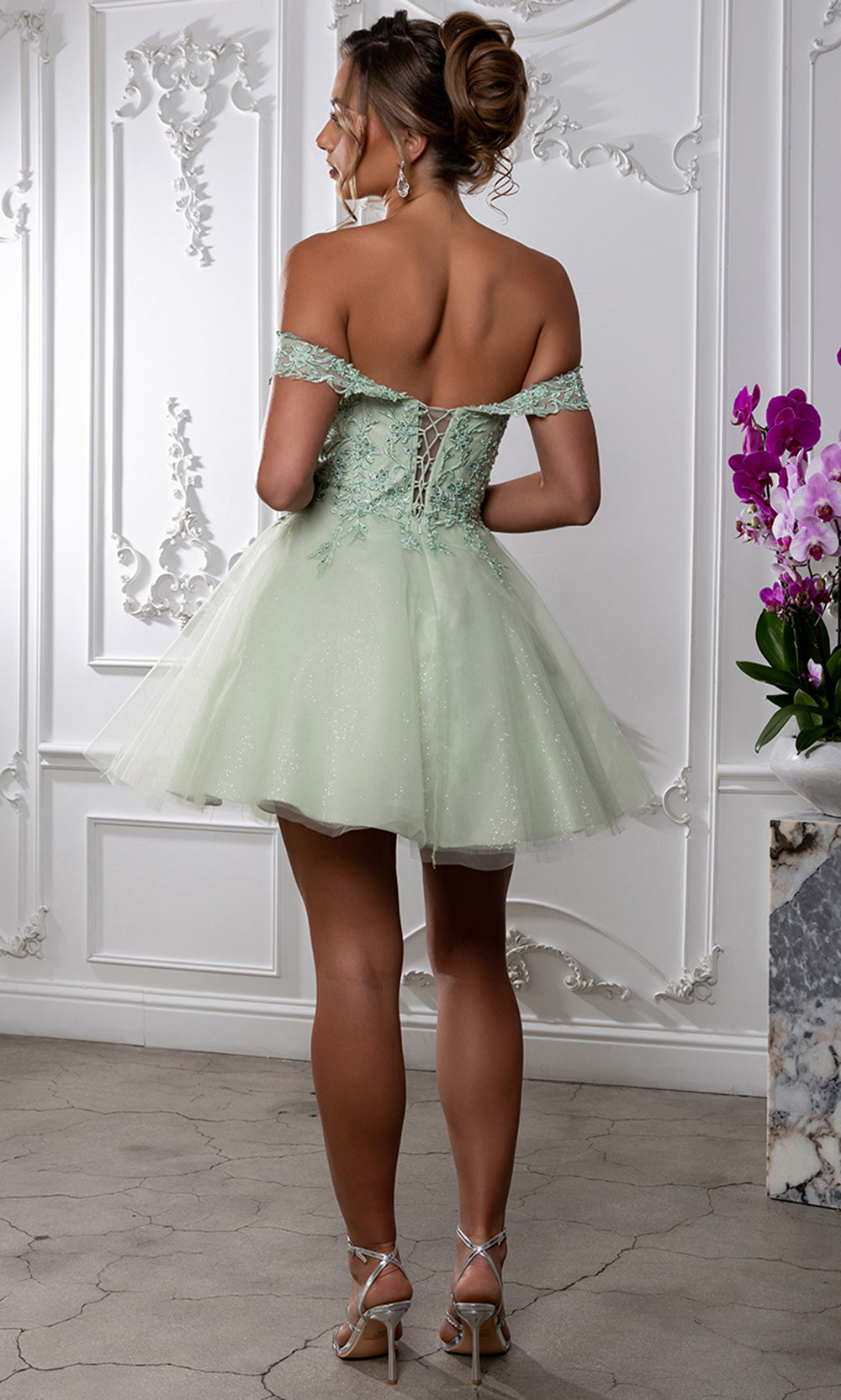 May Queen MQ2224 - Sweetheart Lace-Up Back Embroidered Mini Dress