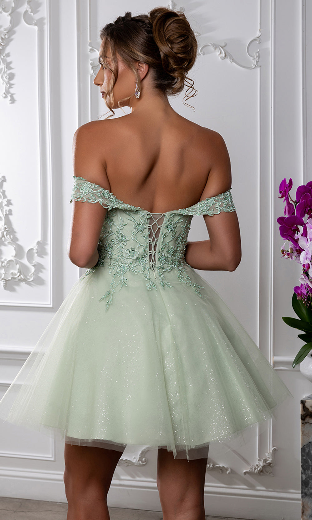 May Queen MQ2224 - Sweetheart Lace-Up Back Embroidered Mini Dress