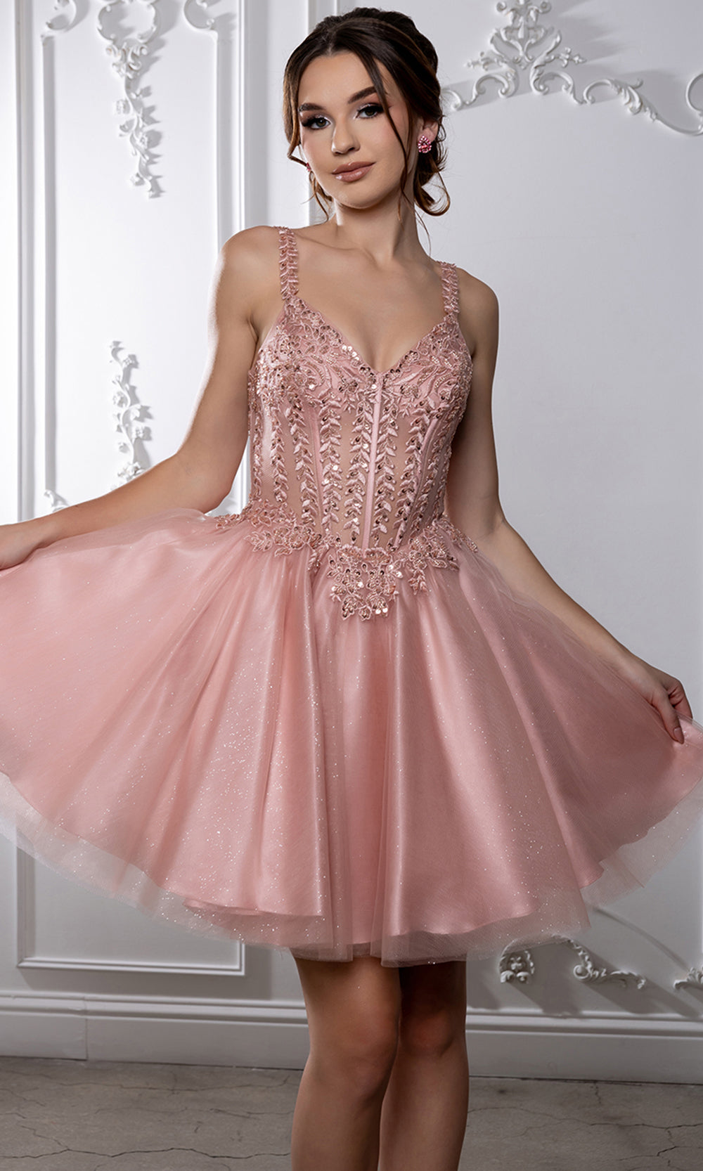 May Queen MQ2231 - V-Neckline Embroidered Floral Cocktail Dress